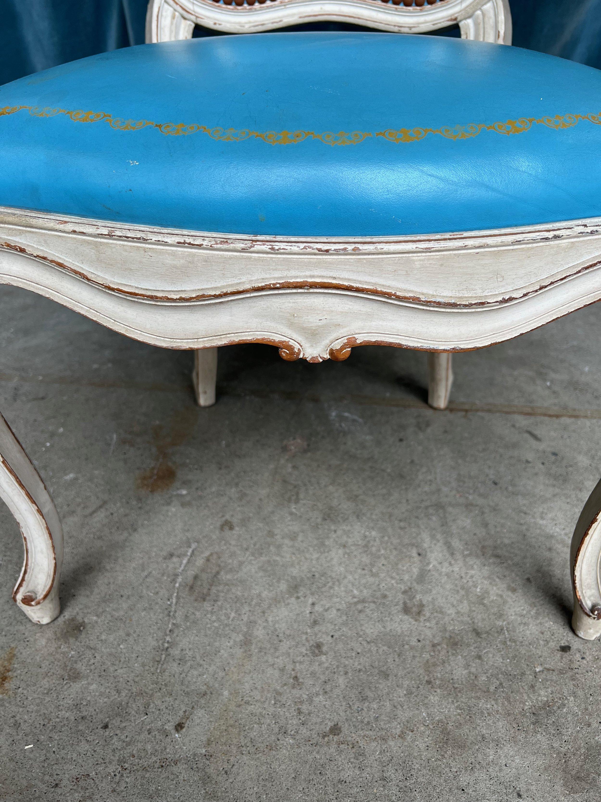 Set of 4 Louis XV Style Armchairs in Blue Leather For Sale 12