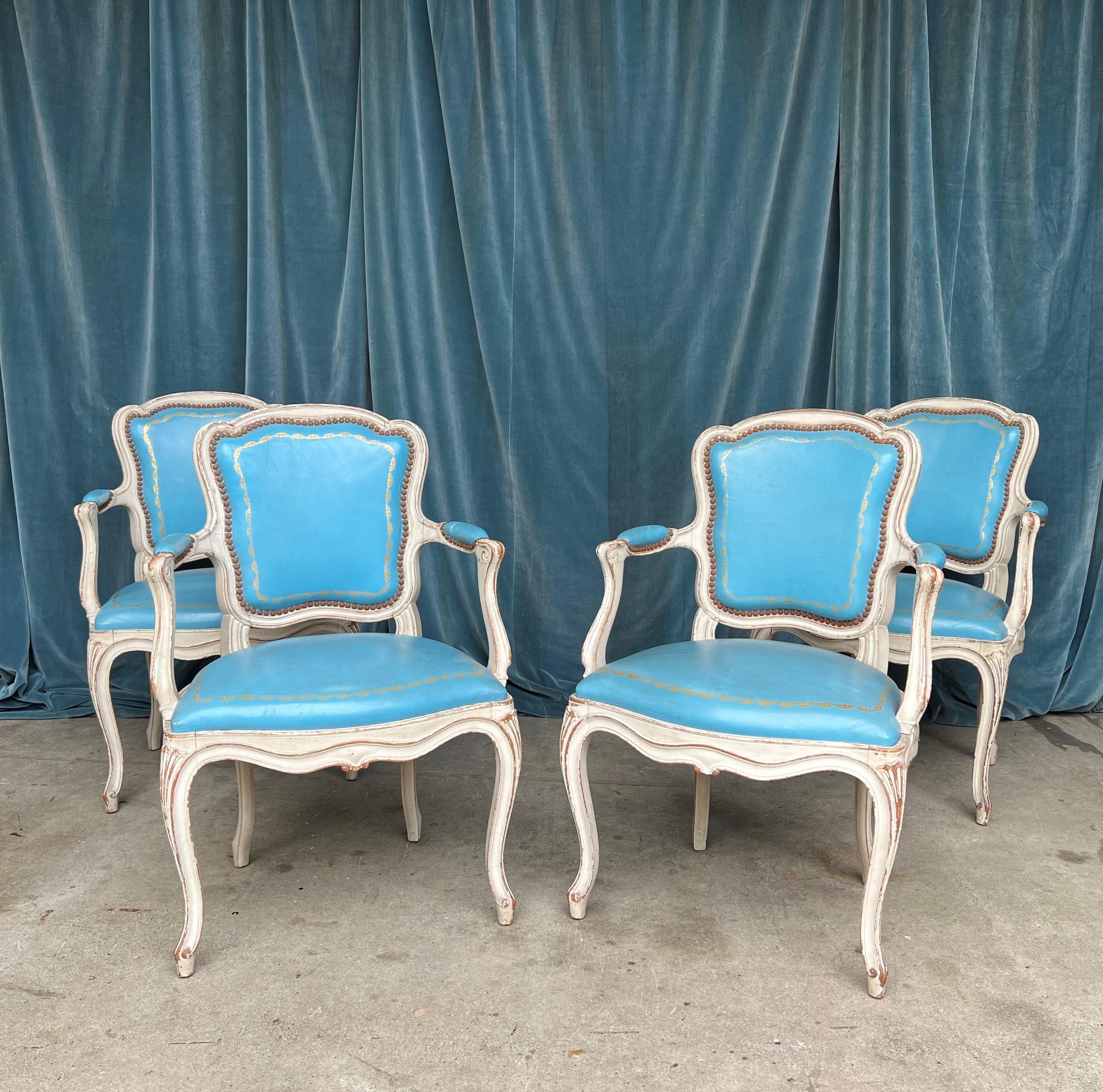 French Set of 4 Louis XV Style Armchairs in Blue Leather For Sale