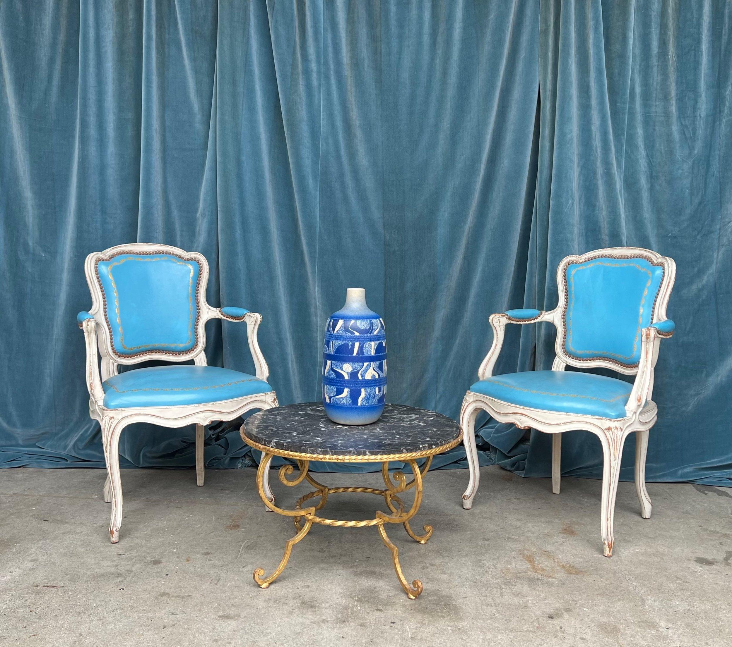20th Century Set of 4 Louis XV Style Armchairs in Blue Leather For Sale