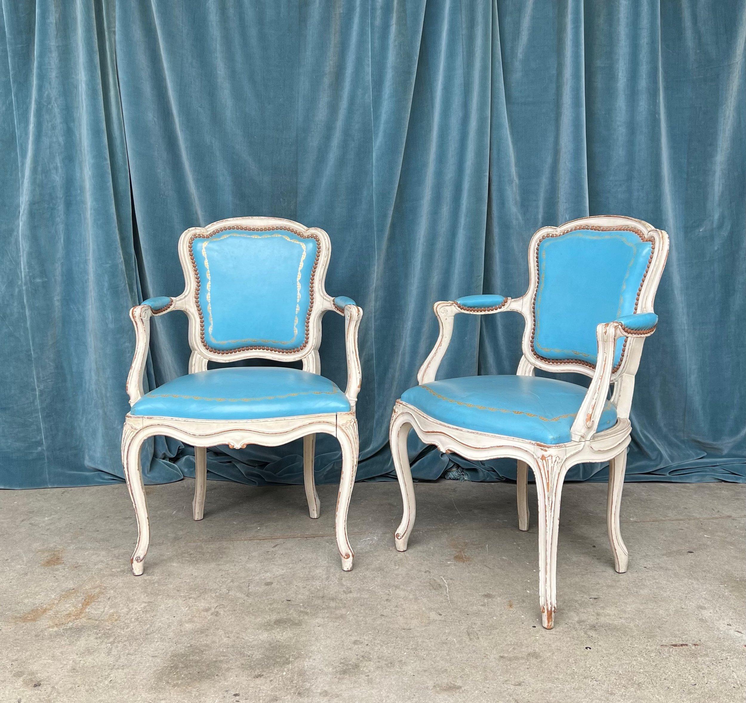 Wood Set of 4 Louis XV Style Armchairs in Blue Leather For Sale