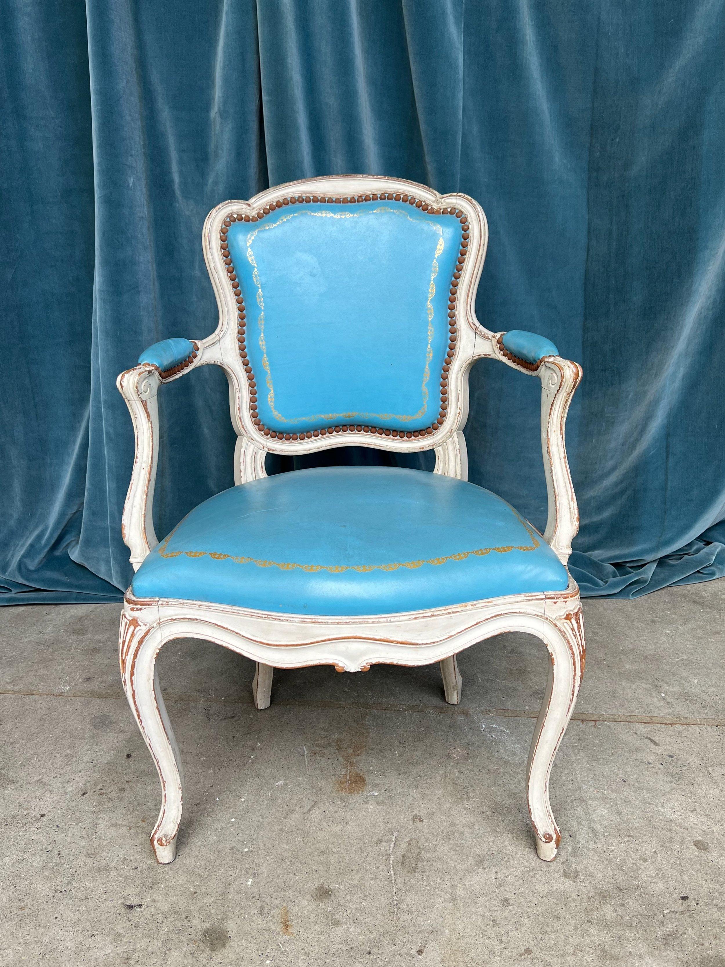 Set of 4 Louis XV Style Armchairs in Blue Leather For Sale 1