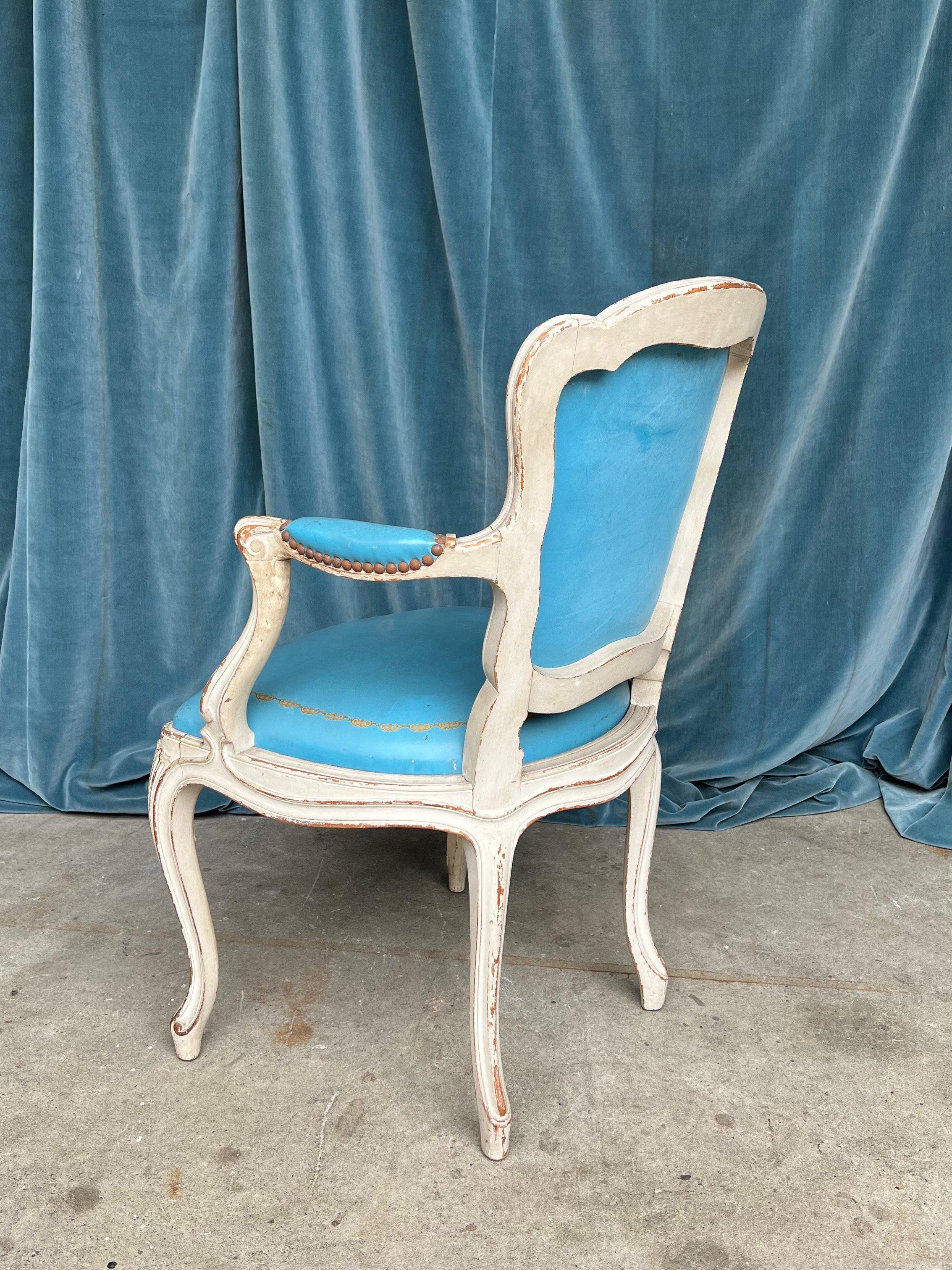 Set of 4 Louis XV Style Armchairs in Blue Leather For Sale 2