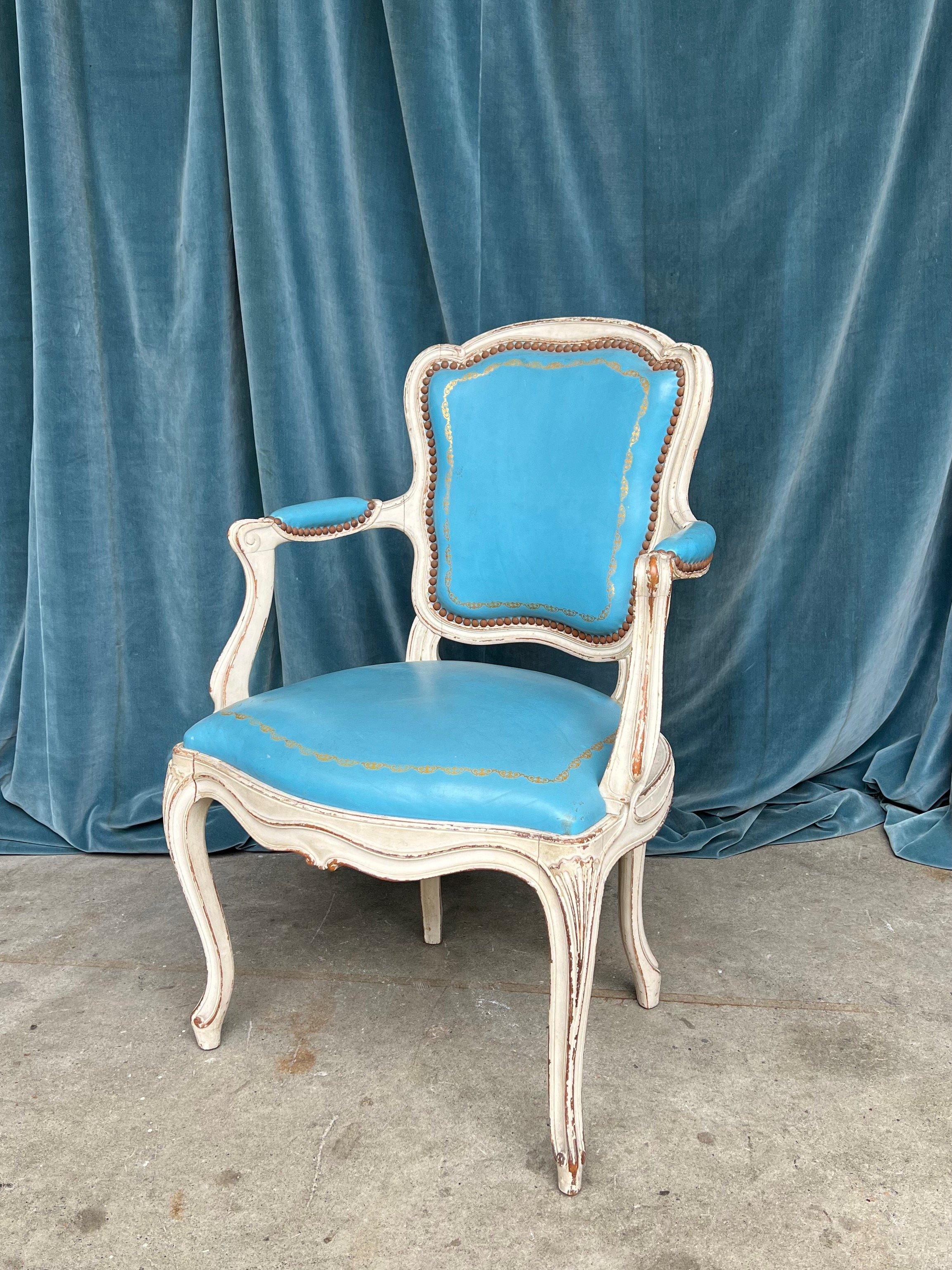 Set of 4 Louis XV Style Armchairs in Blue Leather For Sale 3