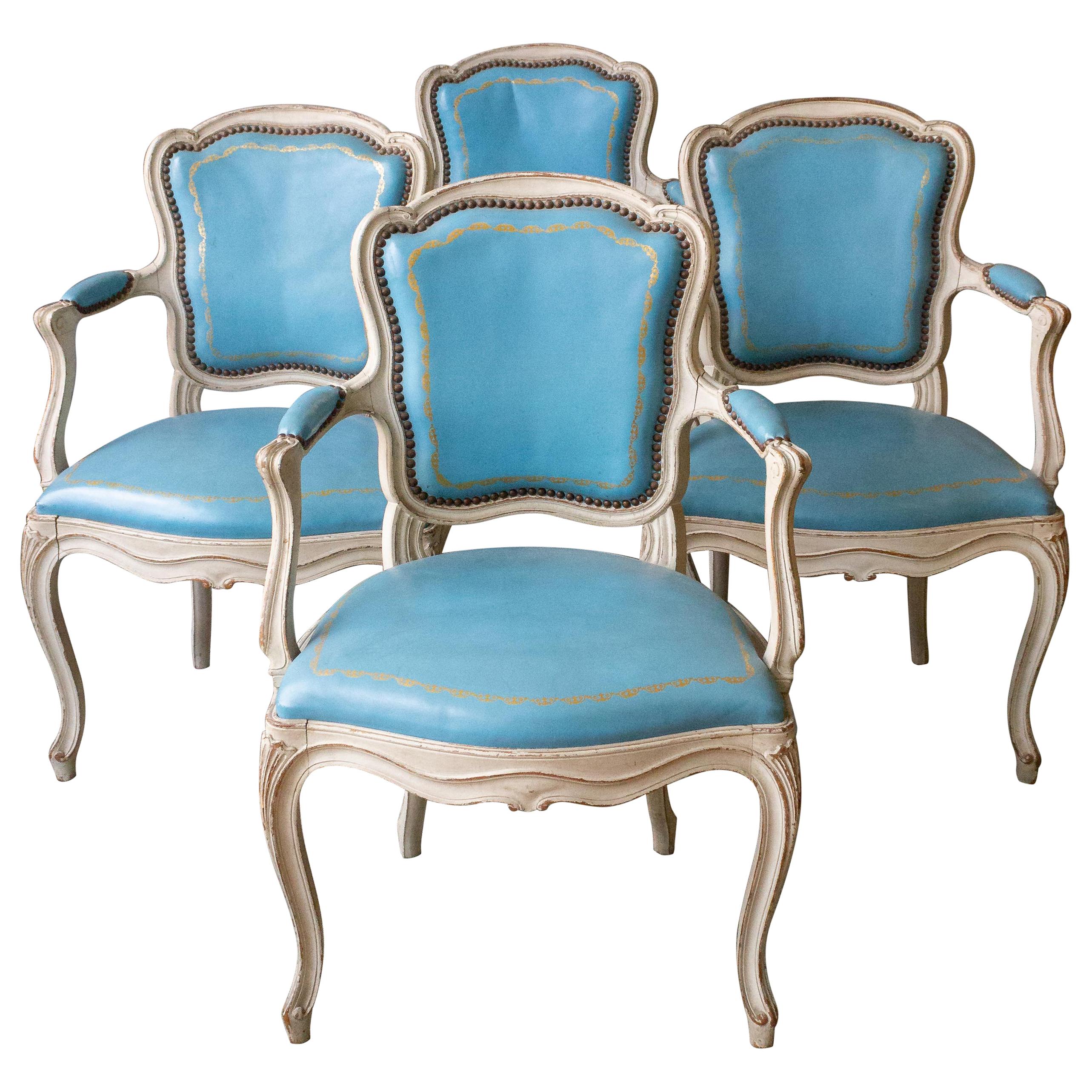 Set of 4 Louis XV Style Armchairs in Blue Leather For Sale