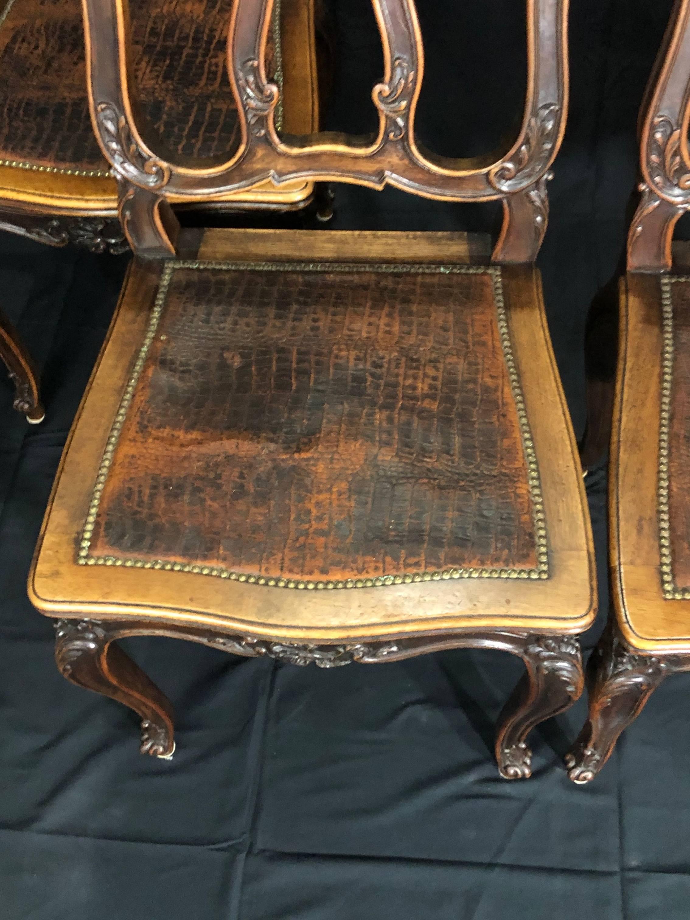 Set of 4 Louis XV Style Pressed Leather and Carved Wood Dining Chairs For Sale 5