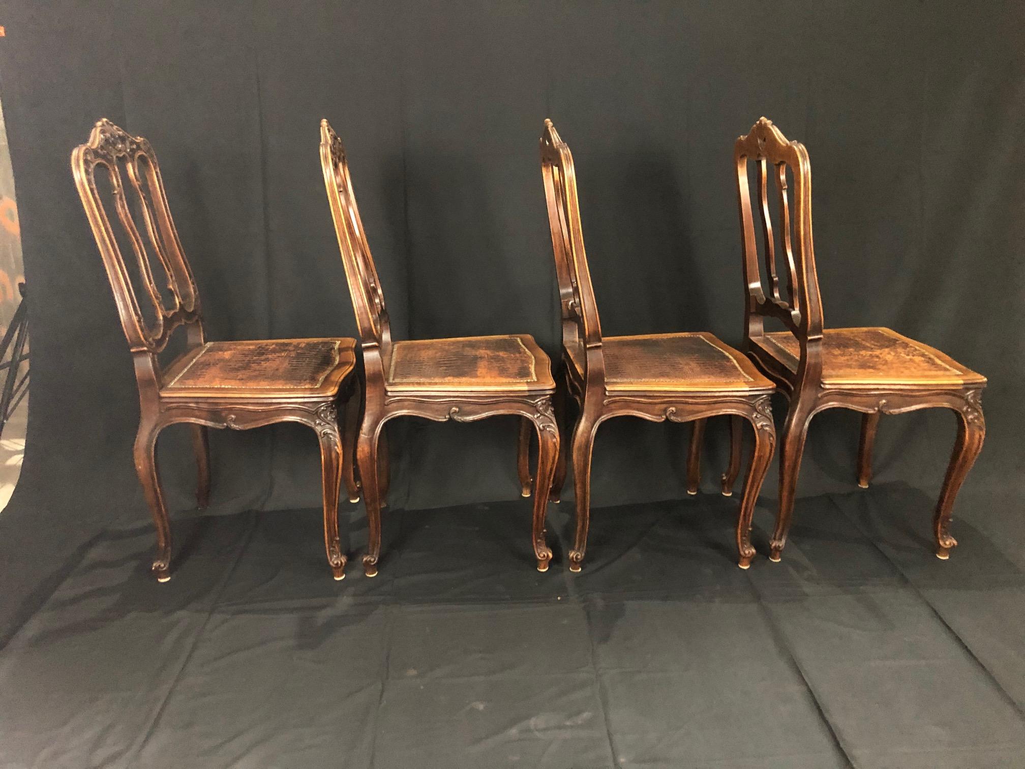 Set of 4 Louis XV Style Pressed Leather and Carved Wood Dining Chairs In Good Condition For Sale In Hopewell, NJ