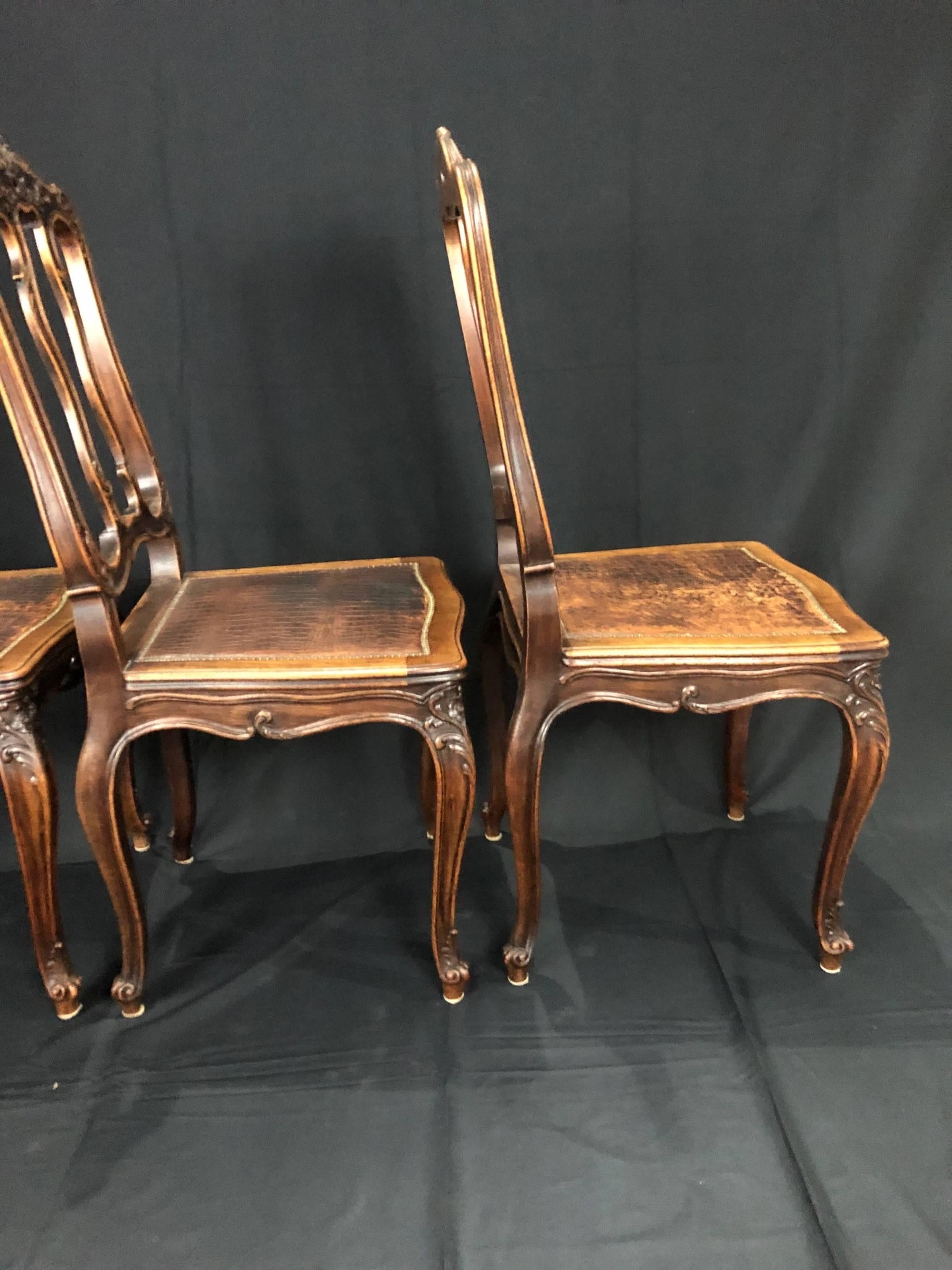 19th Century Set of 4 Louis XV Style Pressed Leather and Carved Wood Dining Chairs For Sale