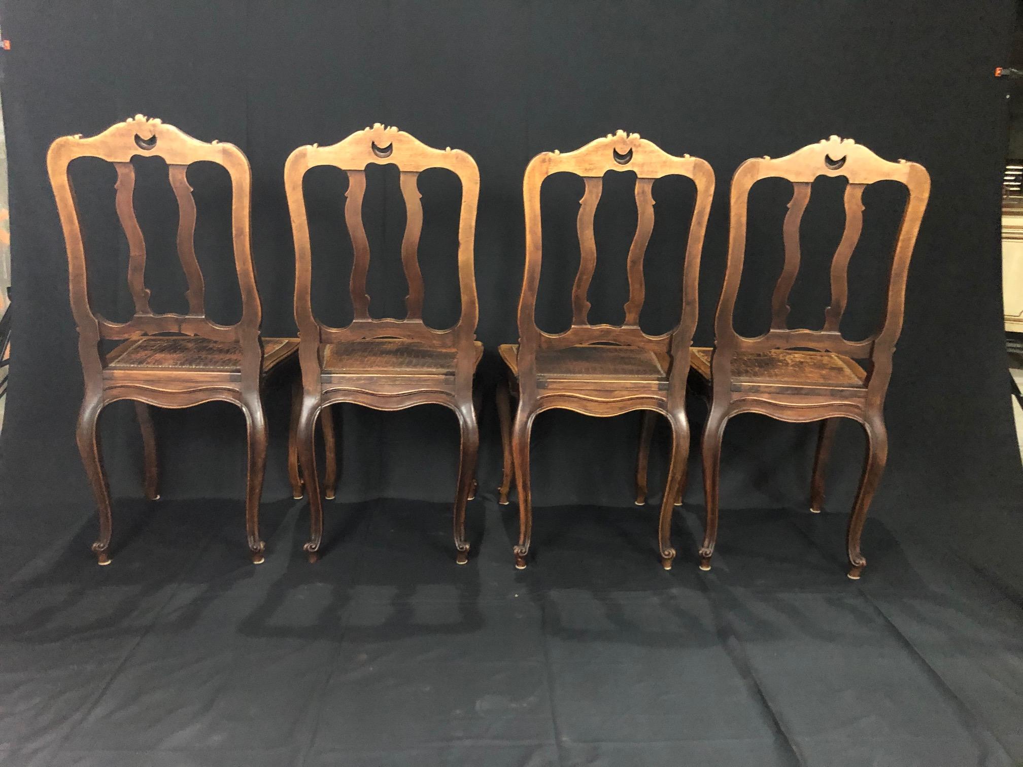 Set of 4 Louis XV Style Pressed Leather and Carved Wood Dining Chairs For Sale 1