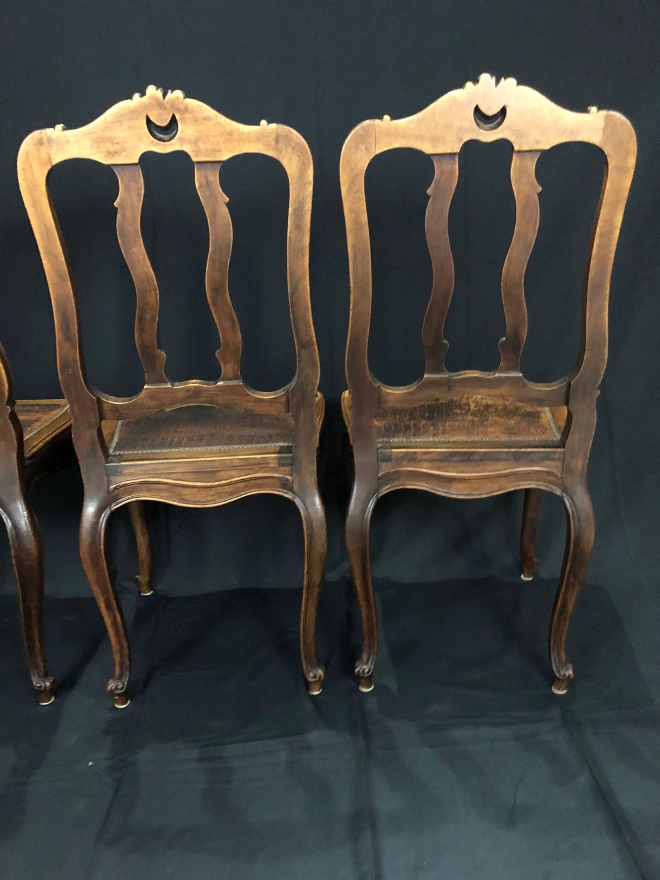 Set of 4 Louis XV Style Pressed Leather and Carved Wood Dining Chairs For Sale 2