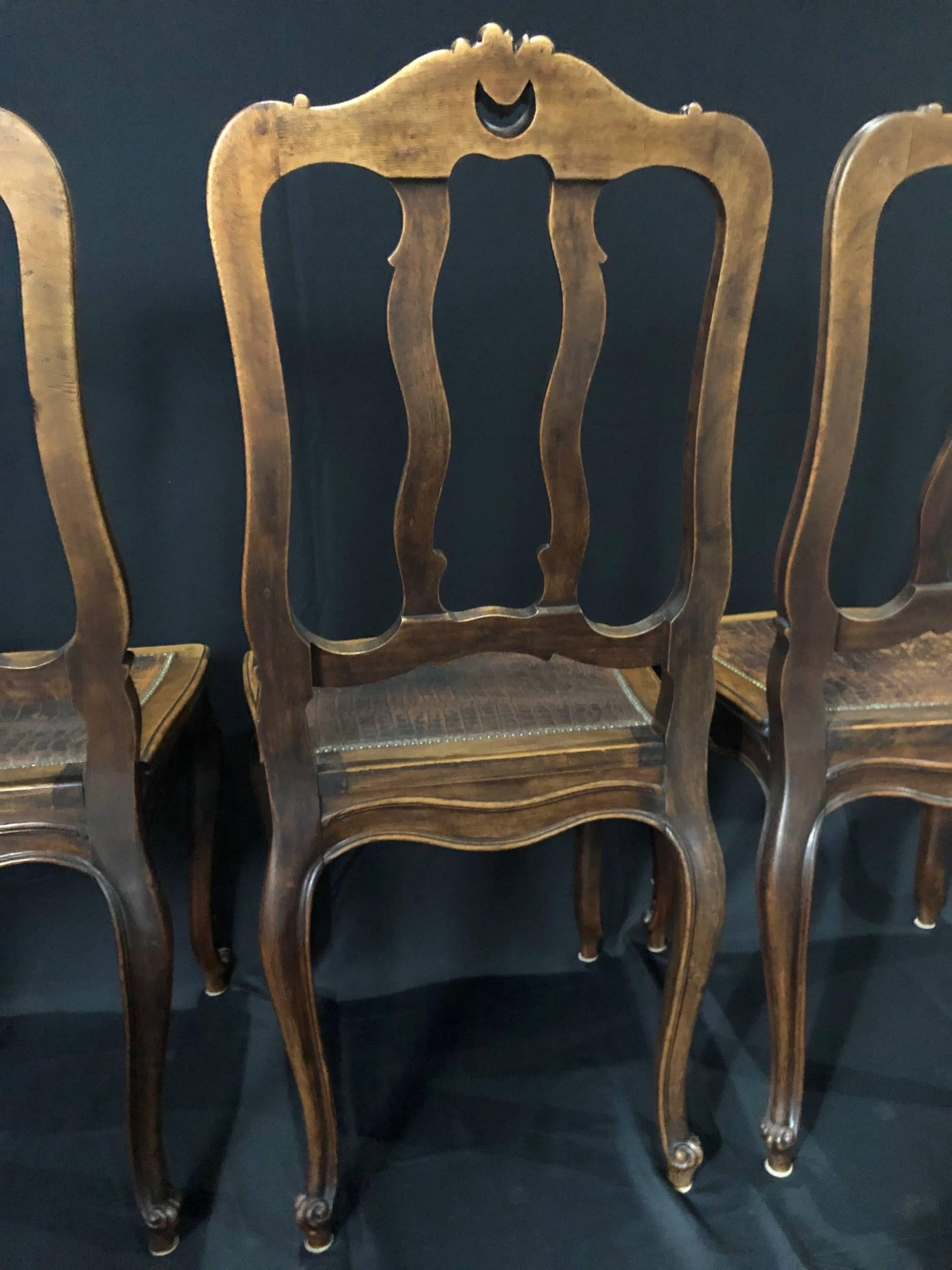 Set of 4 Louis XV Style Pressed Leather and Carved Wood Dining Chairs For Sale 3