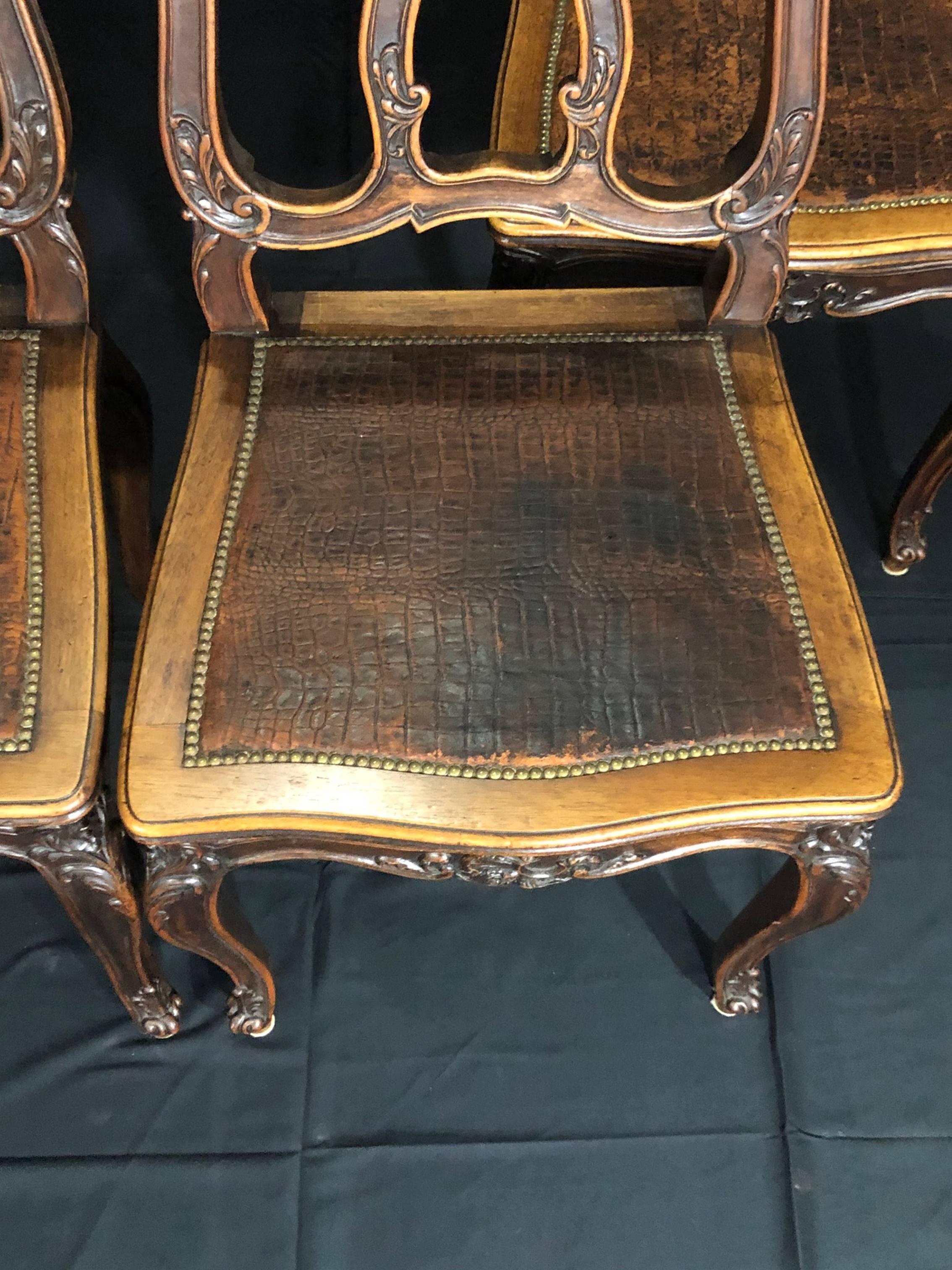 Set of 4 Louis XV Style Pressed Leather and Carved Wood Dining Chairs For Sale 4
