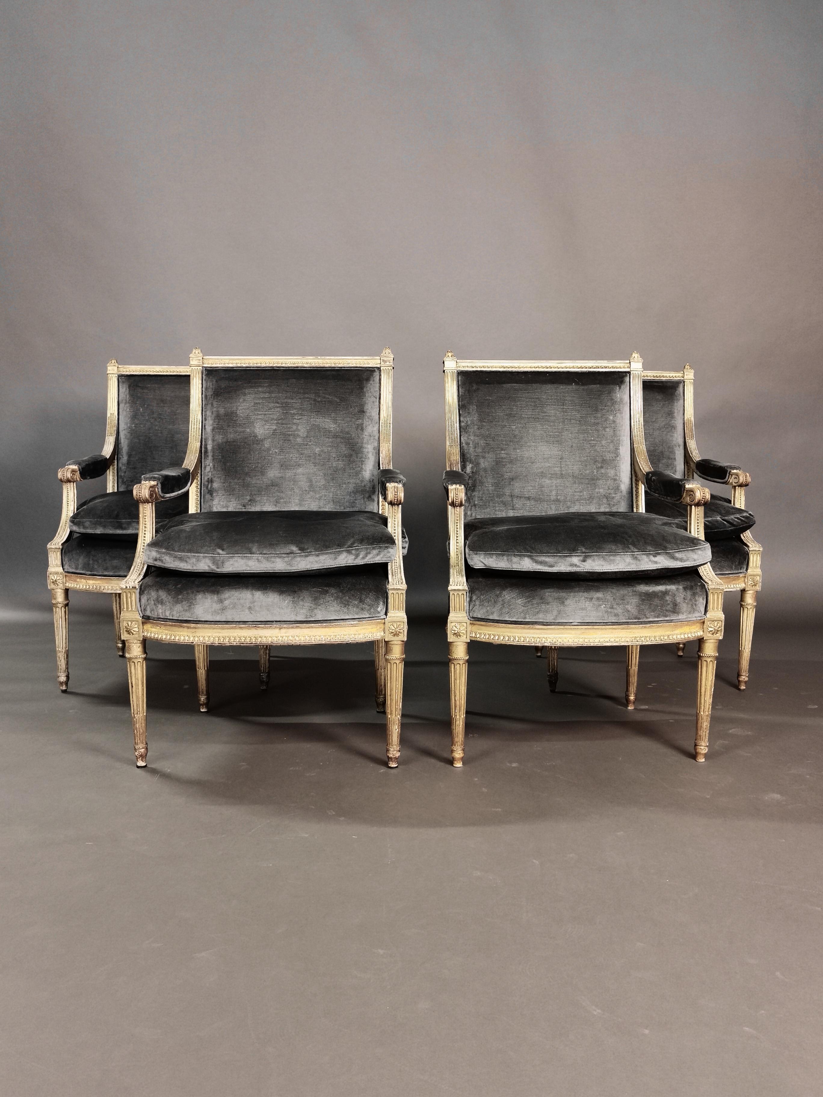 Set of 4 Louis XVI Style Gilded Armchairs, France, 19th Century 5