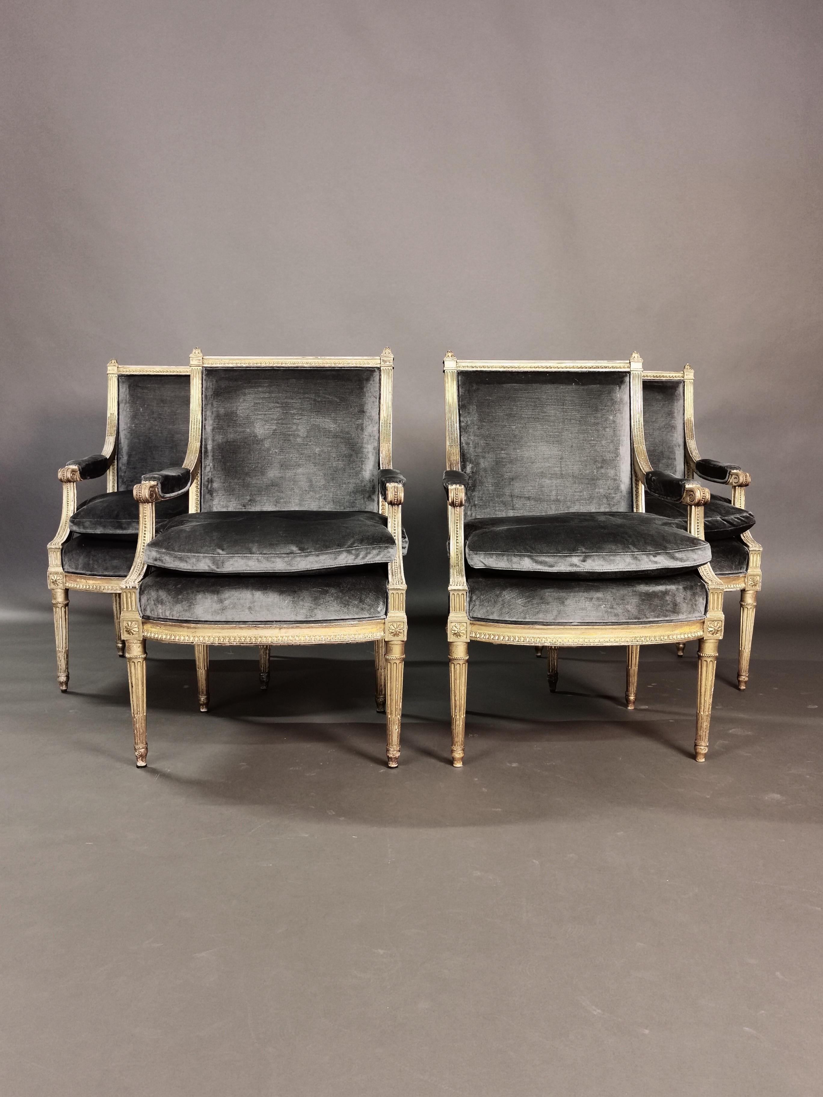 Set of 4 Louis XVI Style Gilded Armchairs, France, 19th Century 7