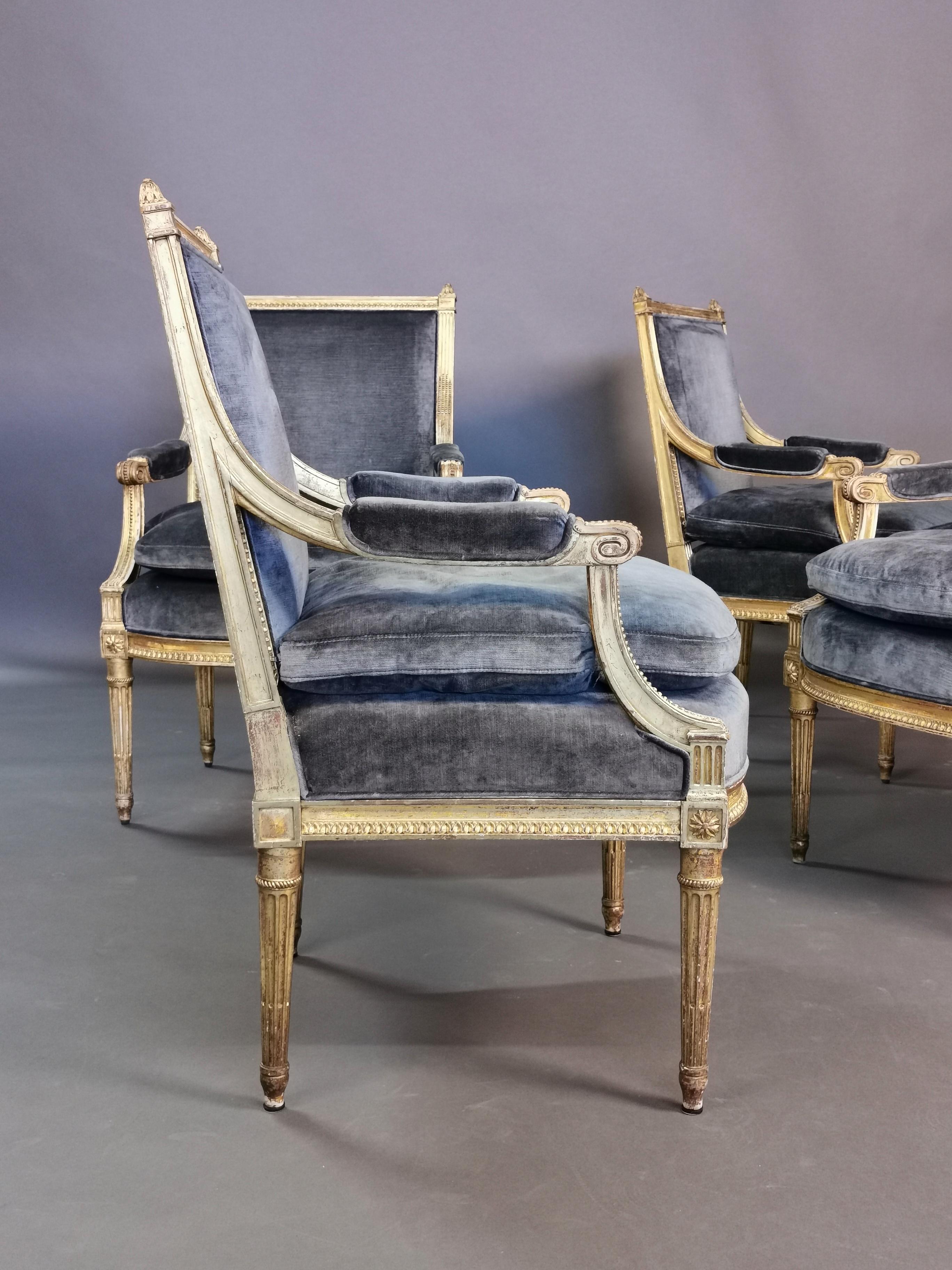 Set of 4 Louis XVI Style Gilded Armchairs, France, 19th Century 8