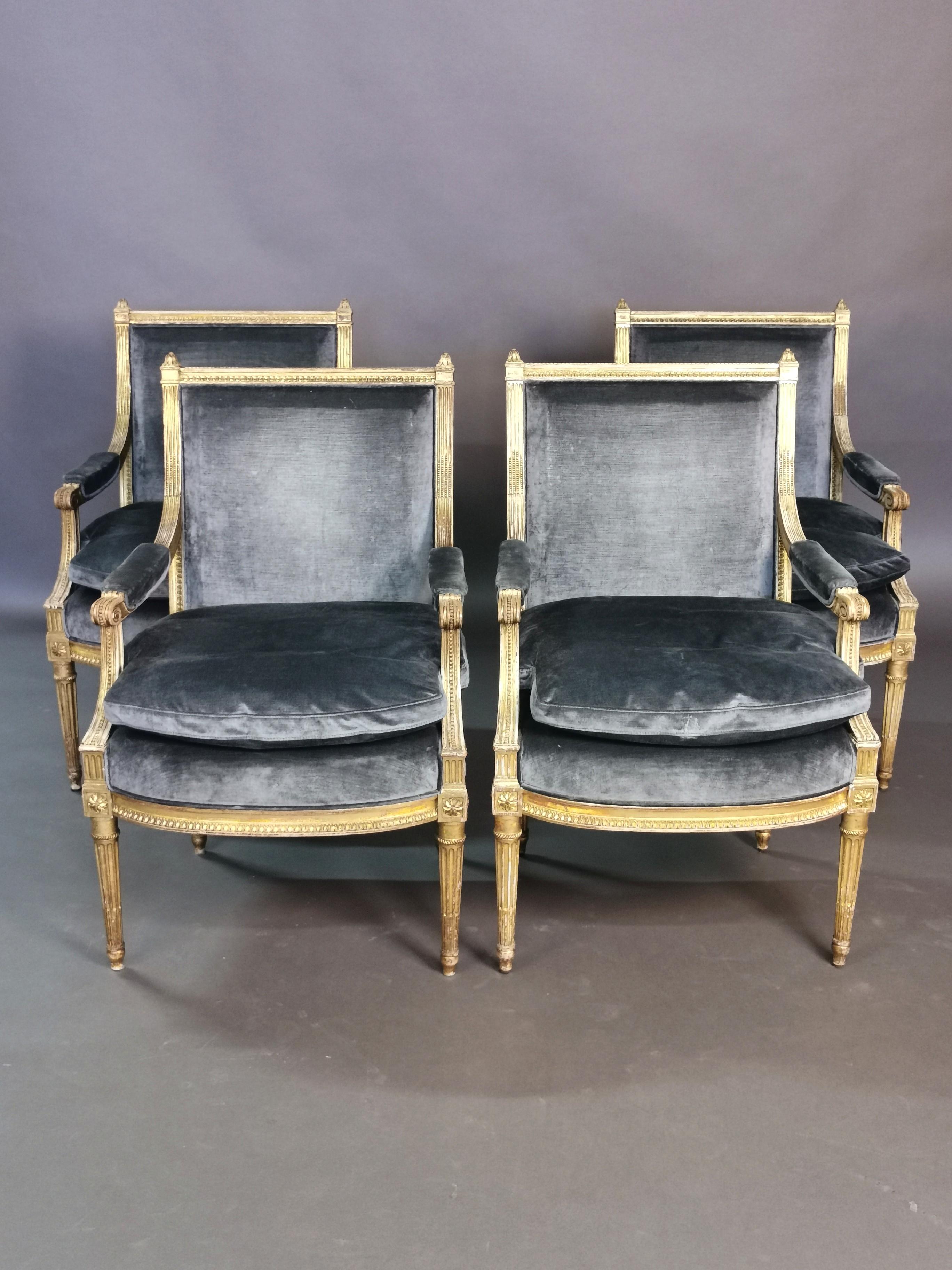 French Set of 4 Louis XVI Style Gilded Armchairs, France, 19th Century