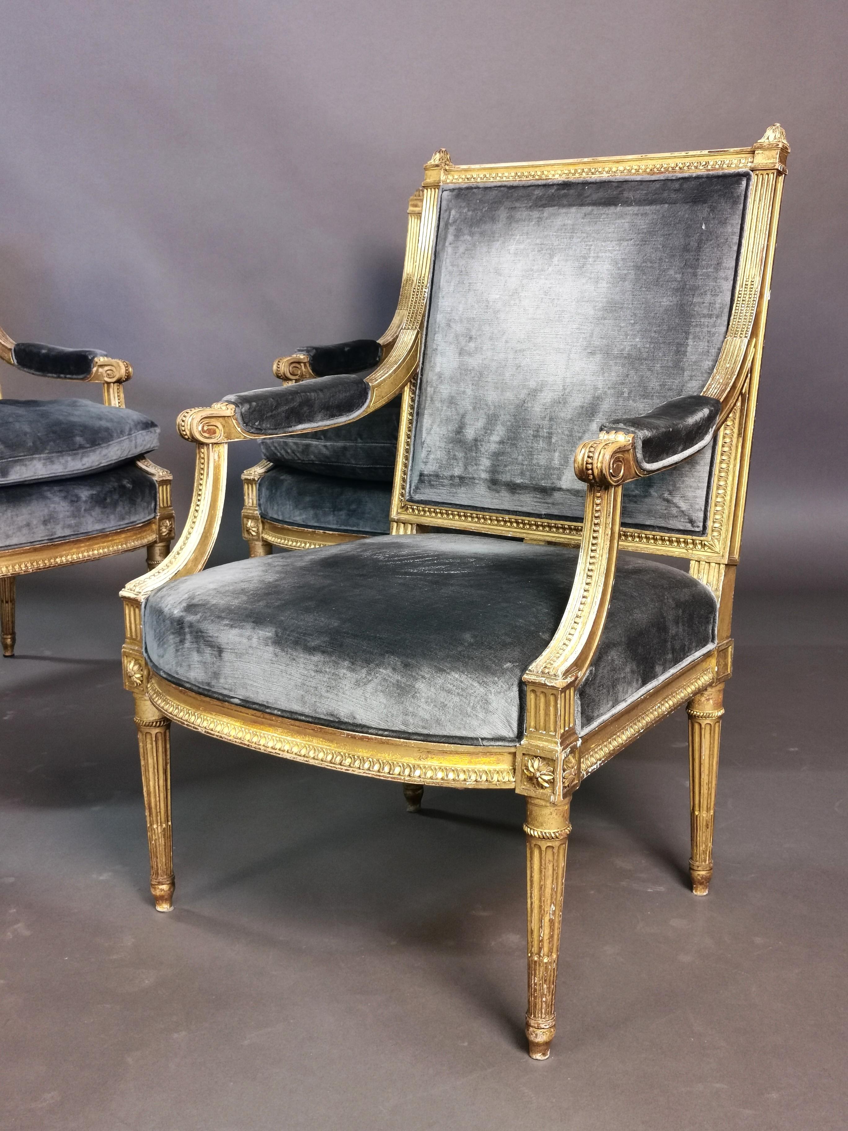 Gilt Set of 4 Louis XVI Style Gilded Armchairs, France, 19th Century