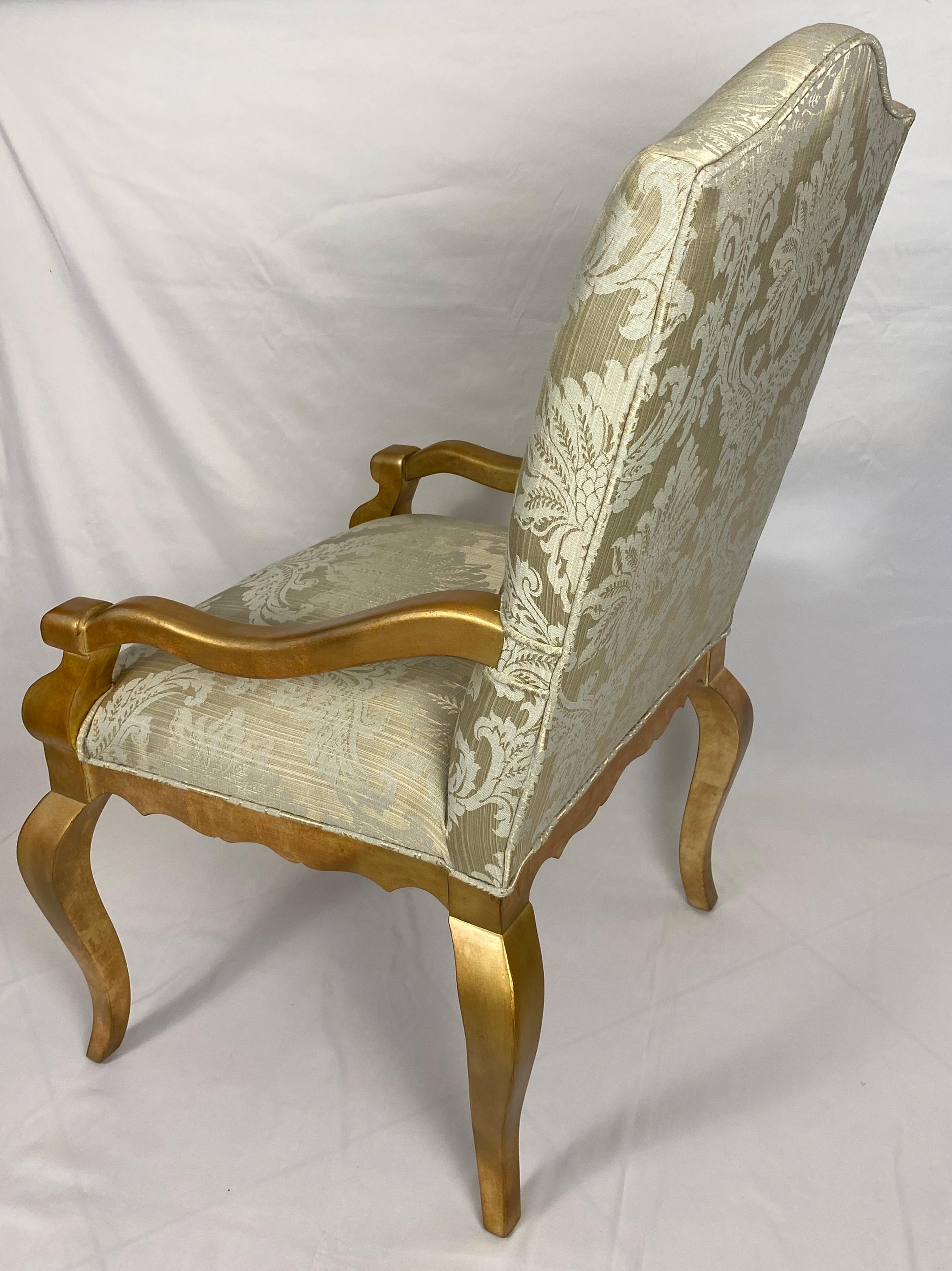 A fine quality Set of 4 Louis XVI Style Giltwood Armchairs or Set of 4 Upholstered Dining Armchairs. 

These attractive Louis XVI Style giltwood armchairs are hand-painted and antiqued with great attention to details. The new Lelievre style silk