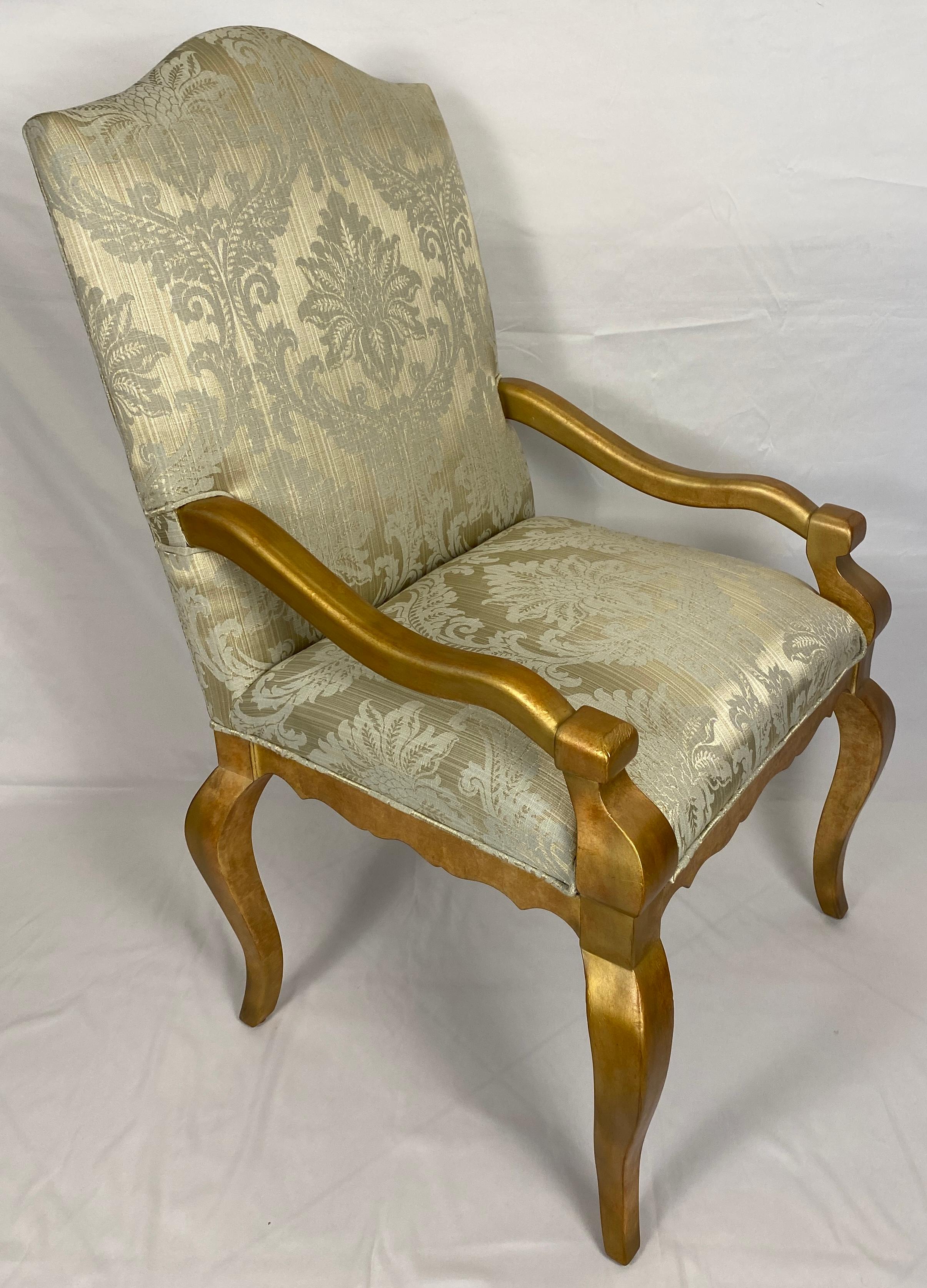 Hand-Painted Set of 4 Louis XVI Style Giltwood Armchairs, 4 Upholstered Dining Armchairs For Sale