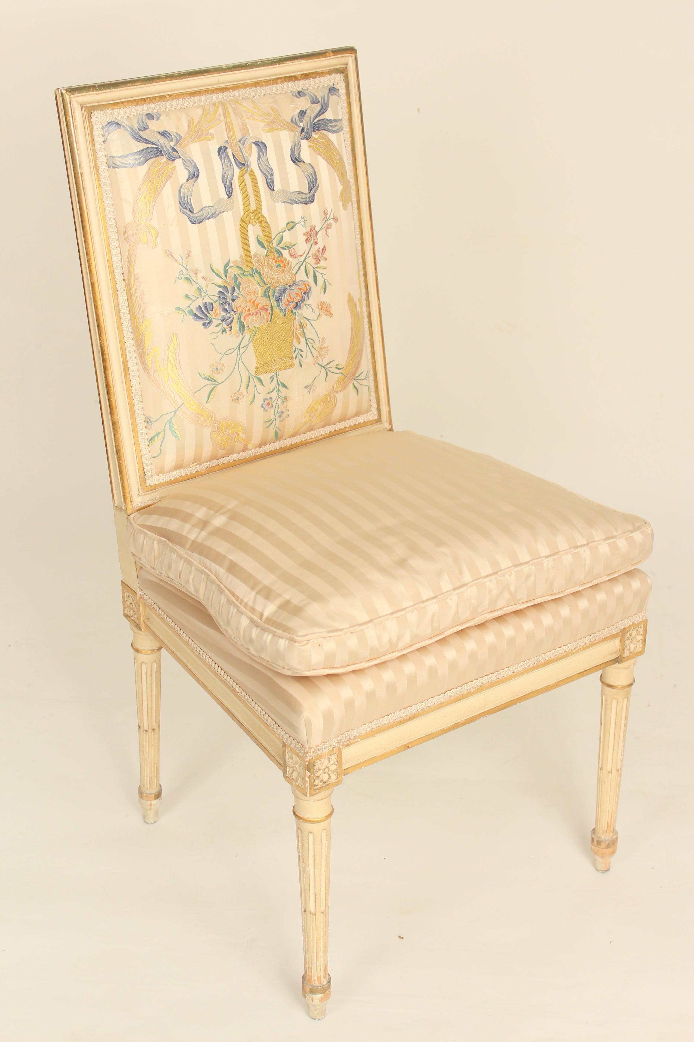 Set of 4 Louis XVI Style Painted and Partial Gilt Side Chairs In Fair Condition In Laguna Beach, CA