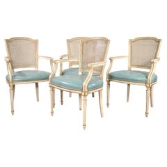 Juego de 4 Sillones Pintados Estilo Luis XVI con Respaldos de Caña