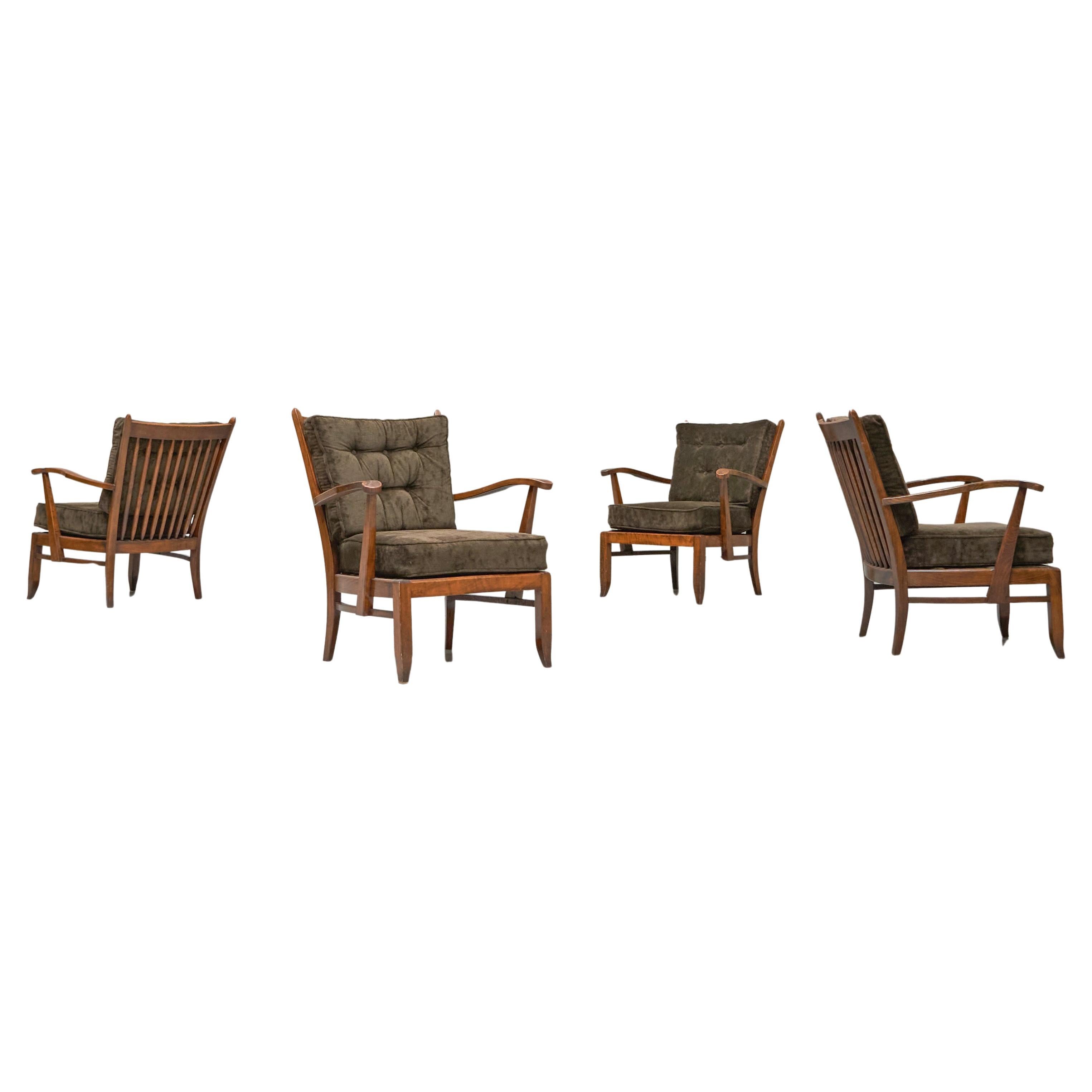 Set of 4 Lounge Chairs in Solid Oak and Velvet France 1950s