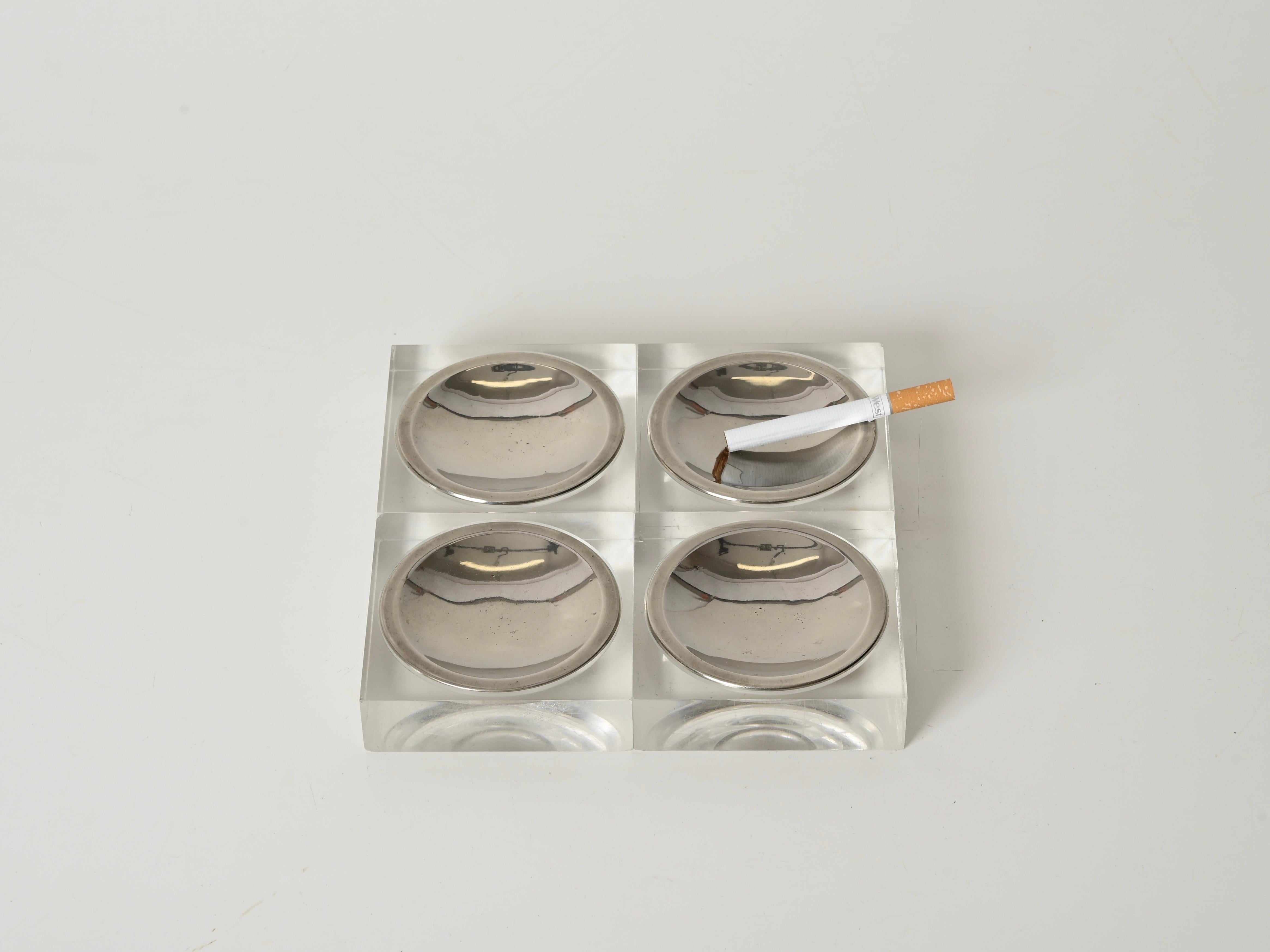 French Set of 4 Lucite and Chrome Ashtrays in Dior Style, Dior Style, France 1970s For Sale