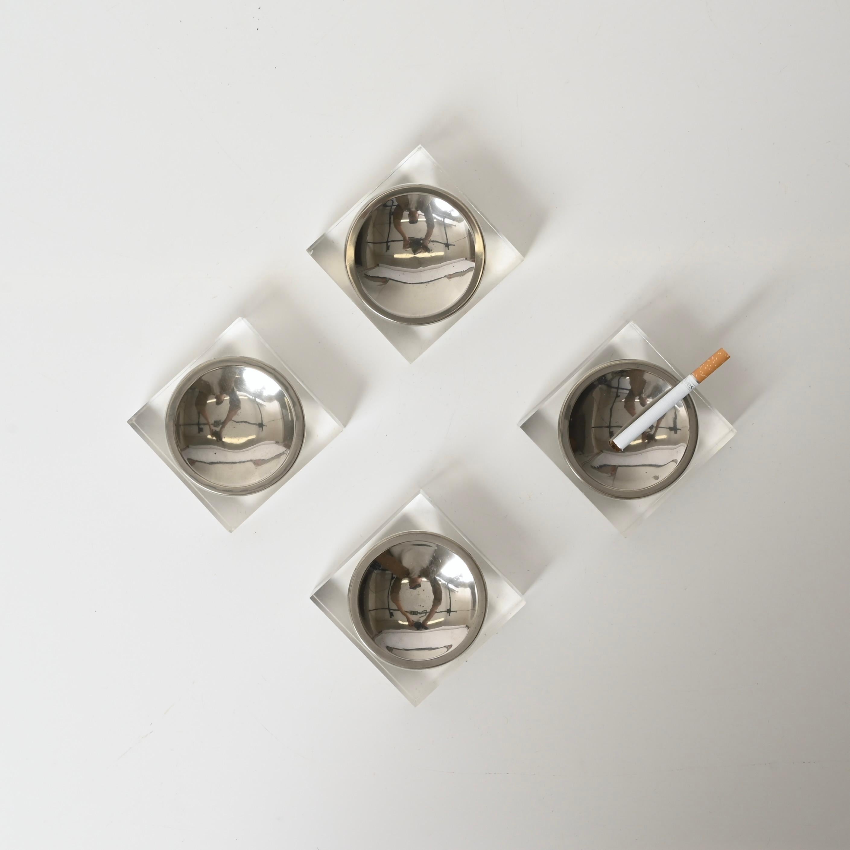 Late 20th Century Set of 4 Lucite and Chrome Ashtrays in Dior Style, Dior Style, France 1970s For Sale