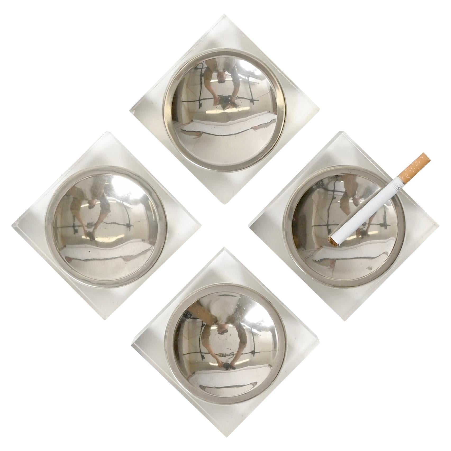 Set of 4 Lucite and Chrome Ashtrays in Dior Style, Dior Style, France 1970s For Sale