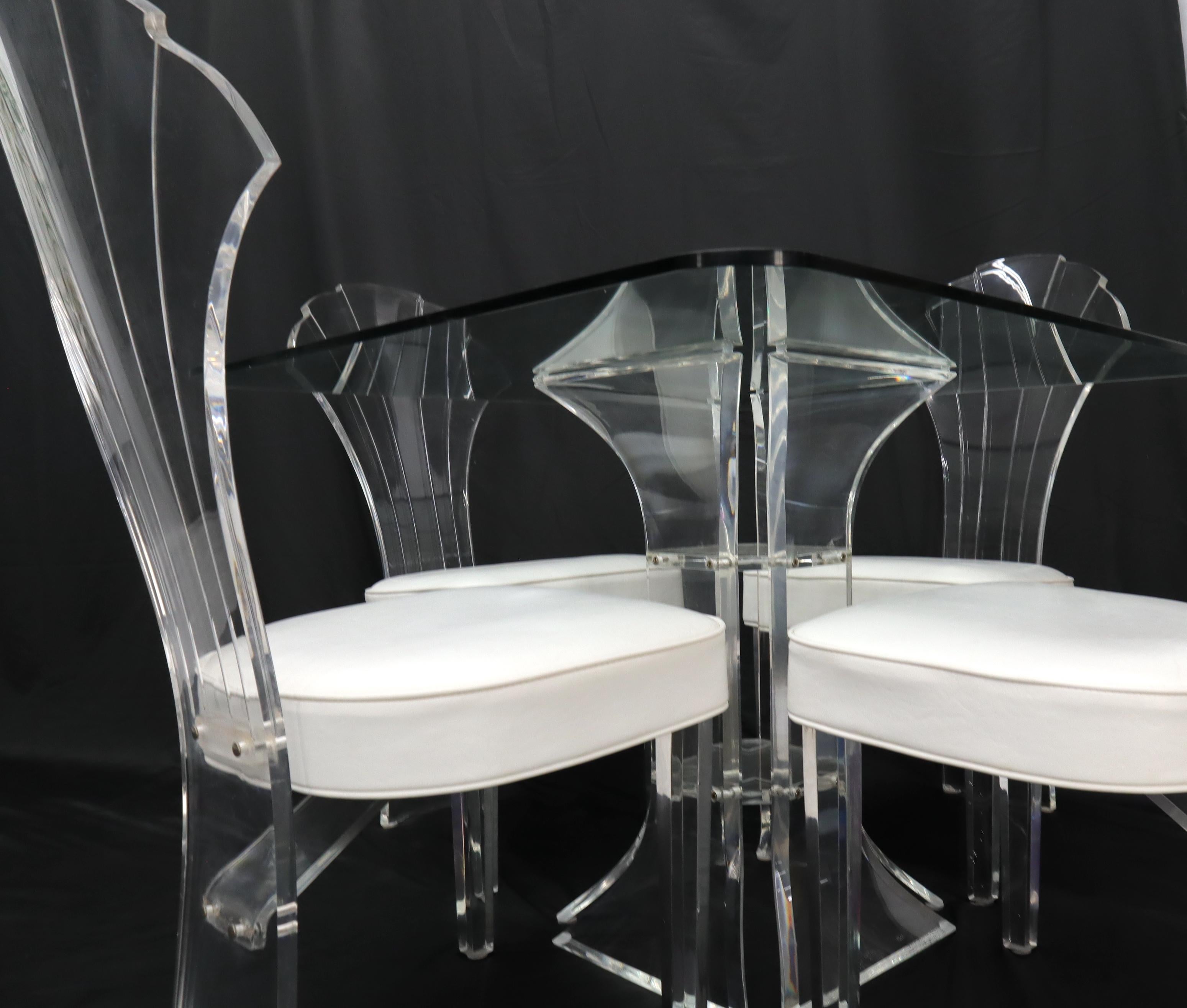 Glass Set of 4 Lucite Dining Chairs Square Dining Table on Single Pedestal Base For Sale