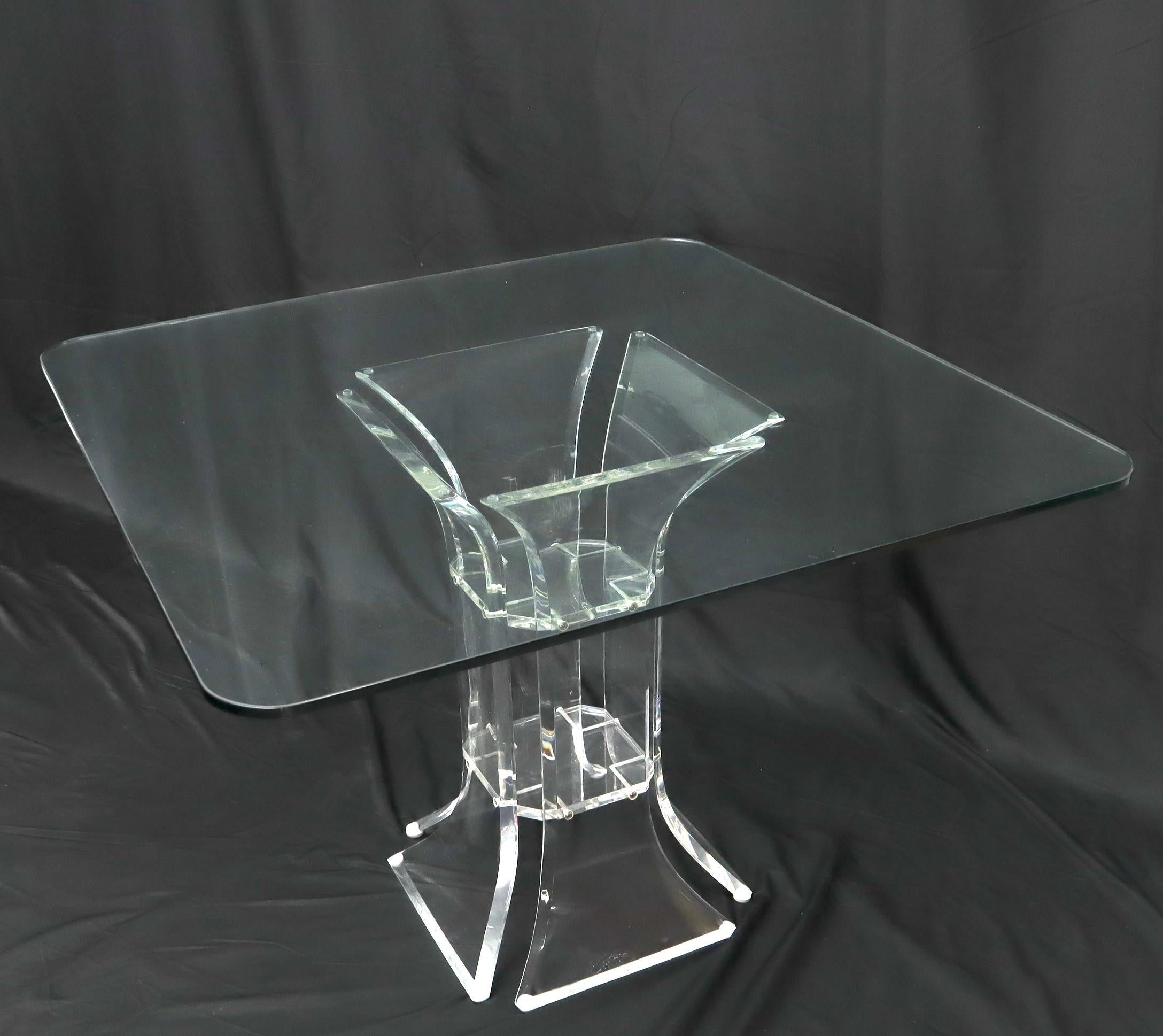 Set of 4 Lucite Dining Chairs Square Dining Table on Single Pedestal Base For Sale 1