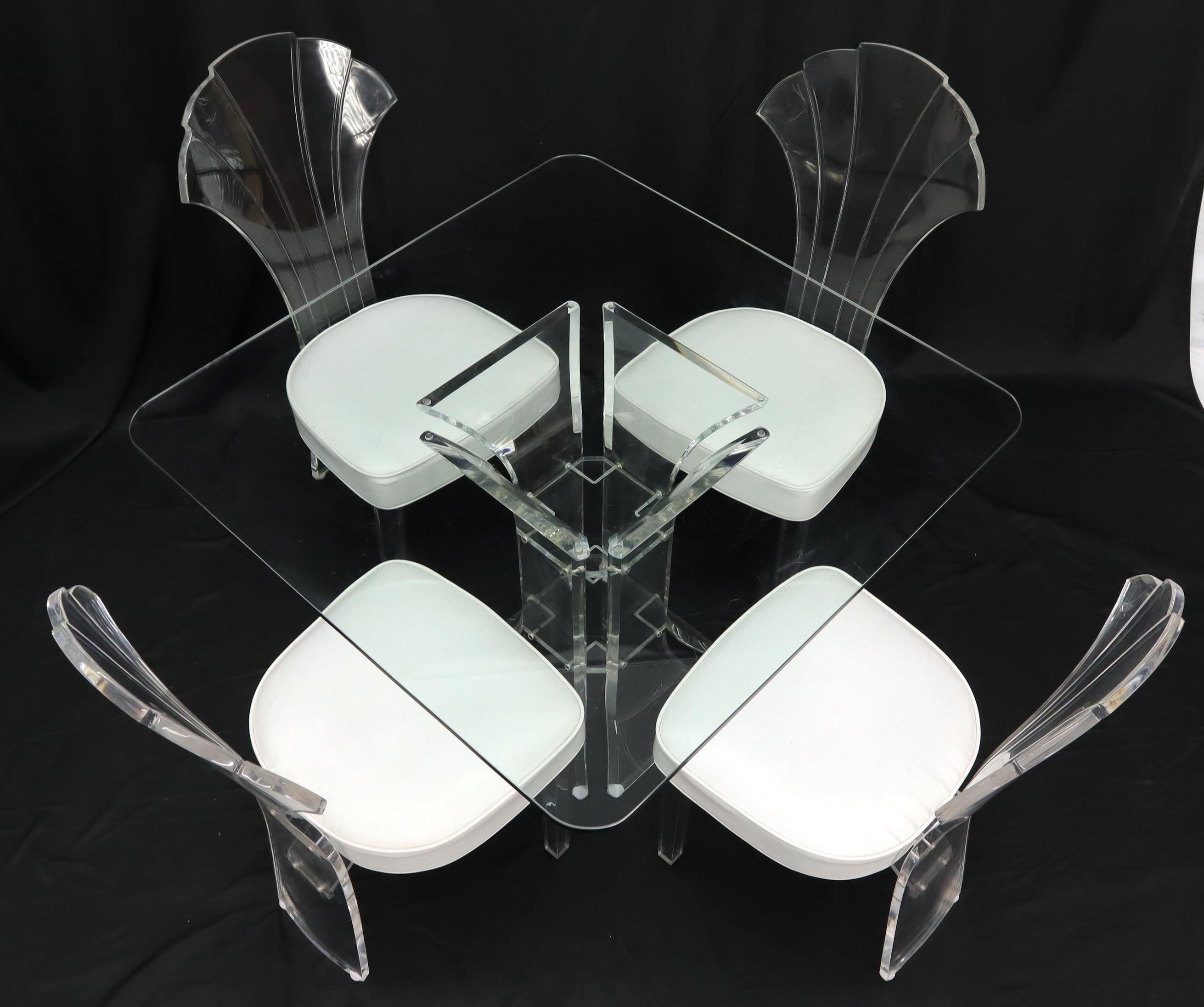 American Set of 4 Lucite Dining Chairs Square Dining Table on Single Pedestal Base For Sale