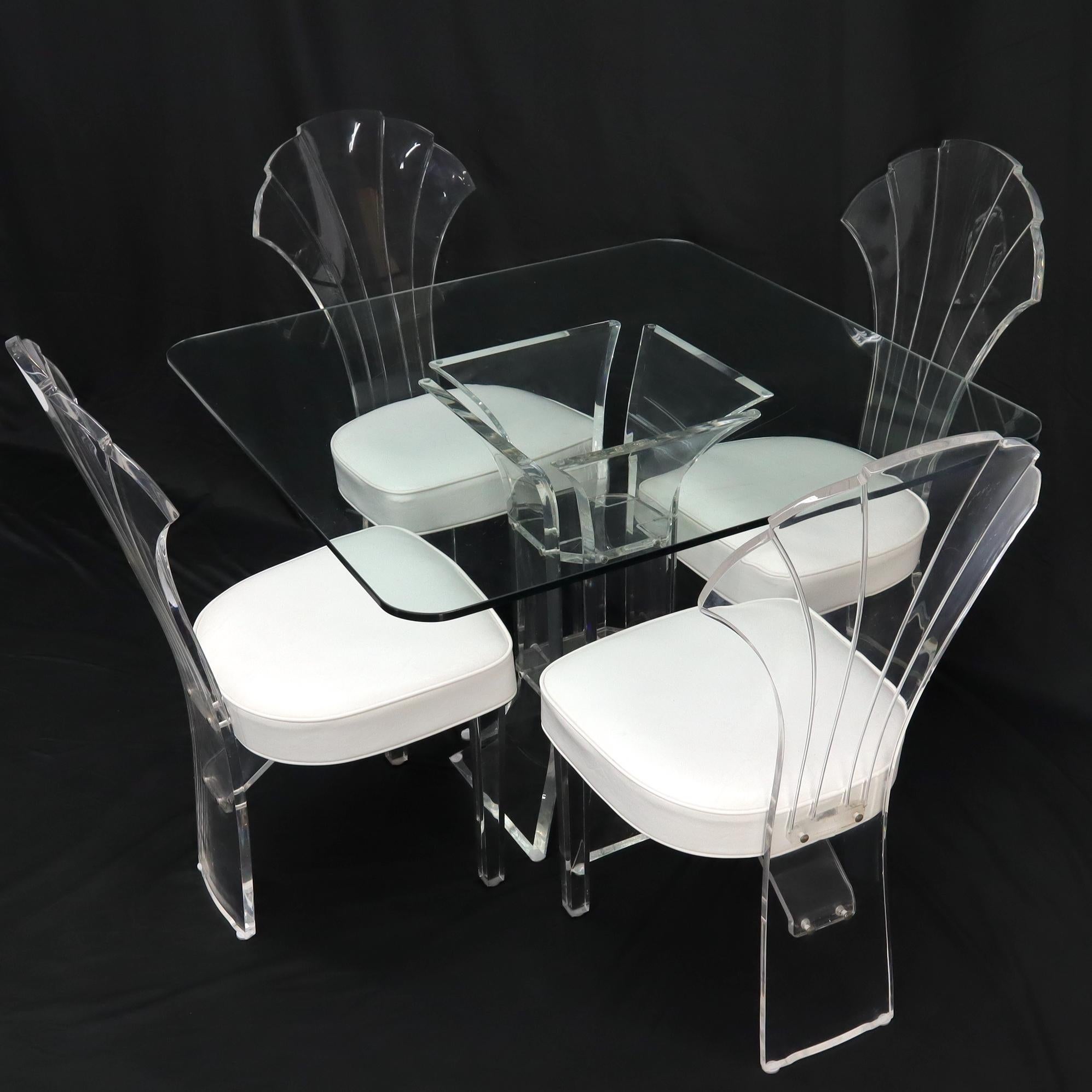 Set of 4 Lucite Dining Chairs Square Dining Table on Single Pedestal Base In Good Condition For Sale In Rockaway, NJ