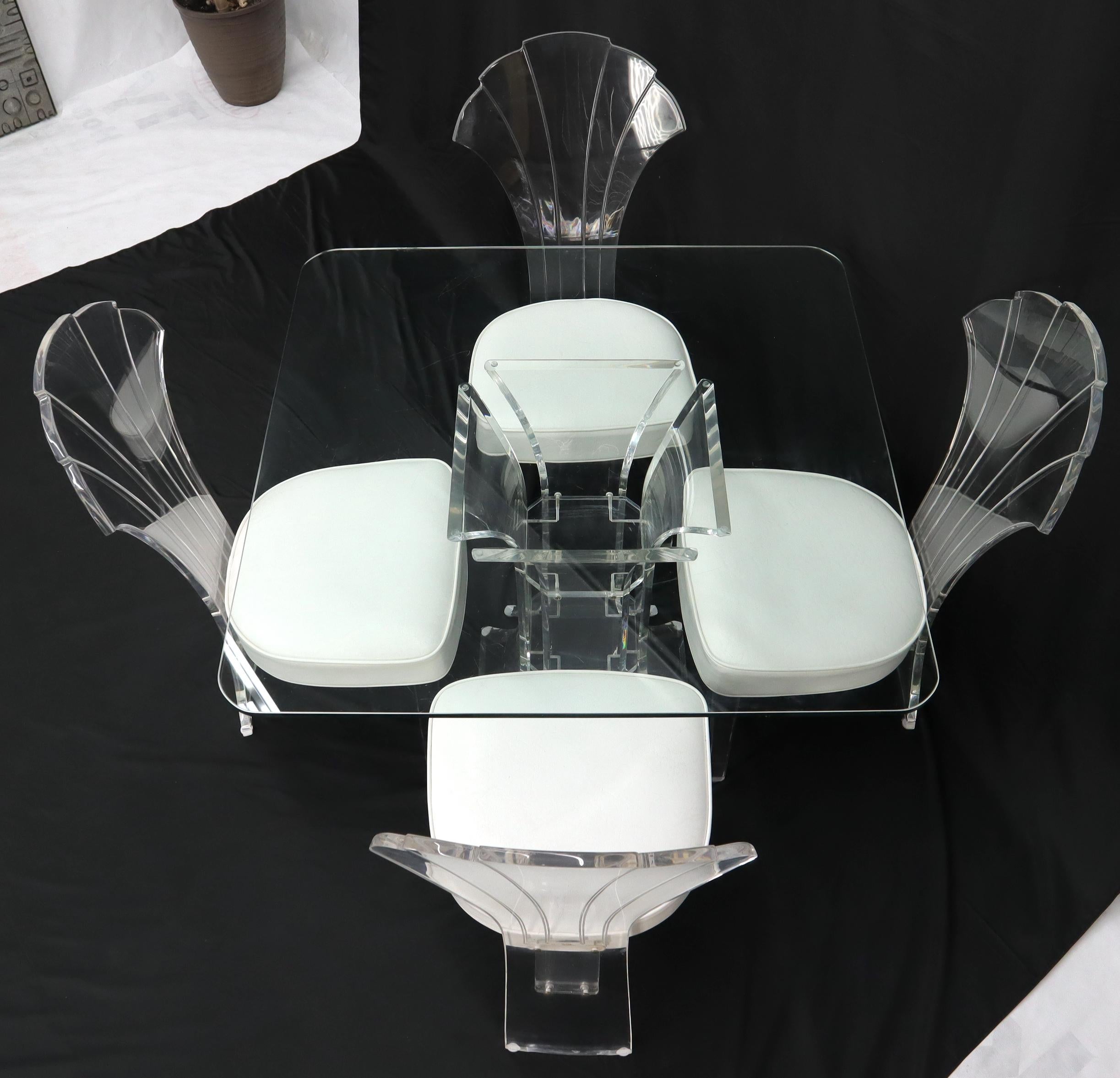 20th Century Set of 4 Lucite Dining Chairs Square Dining Table on Single Pedestal Base For Sale