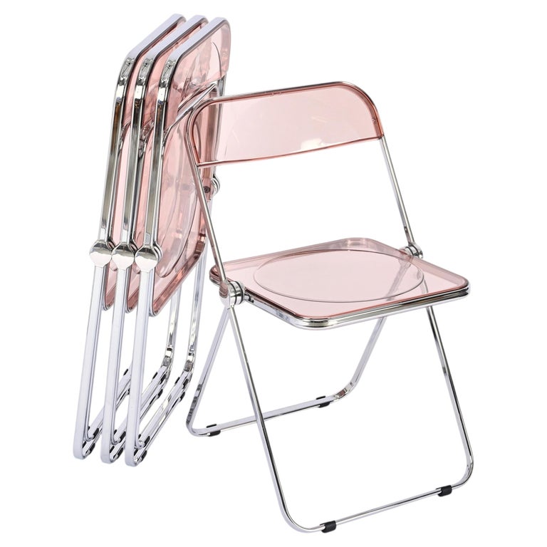 Set of 4 Lucite Pink and Chrome Plia Chairs, Piretti for Castelli, Italy 1970s