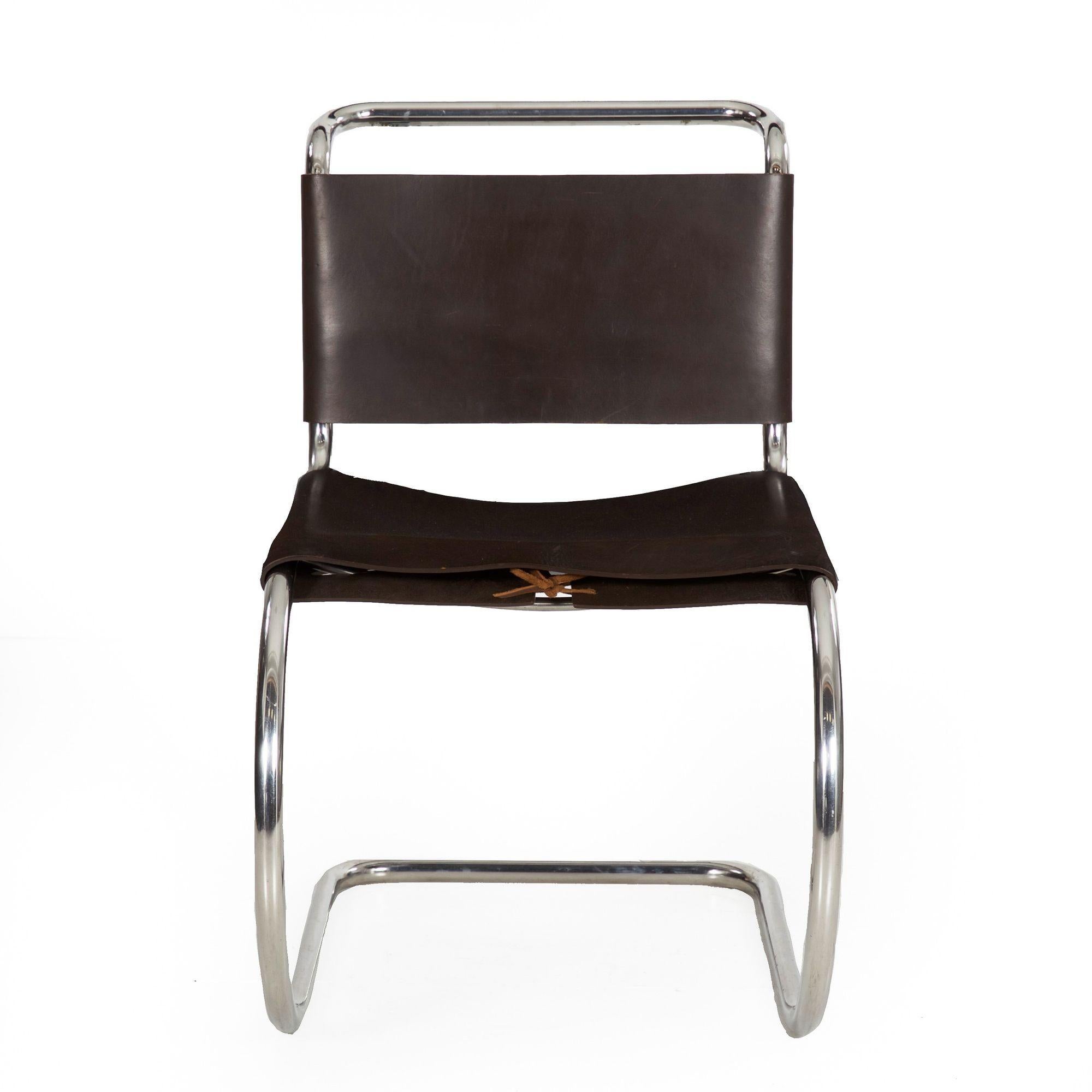 Steel Set of 4 Ludwig Mies Van Der Rohe MR10 Brown Leather Dining Chairs circa 1970s