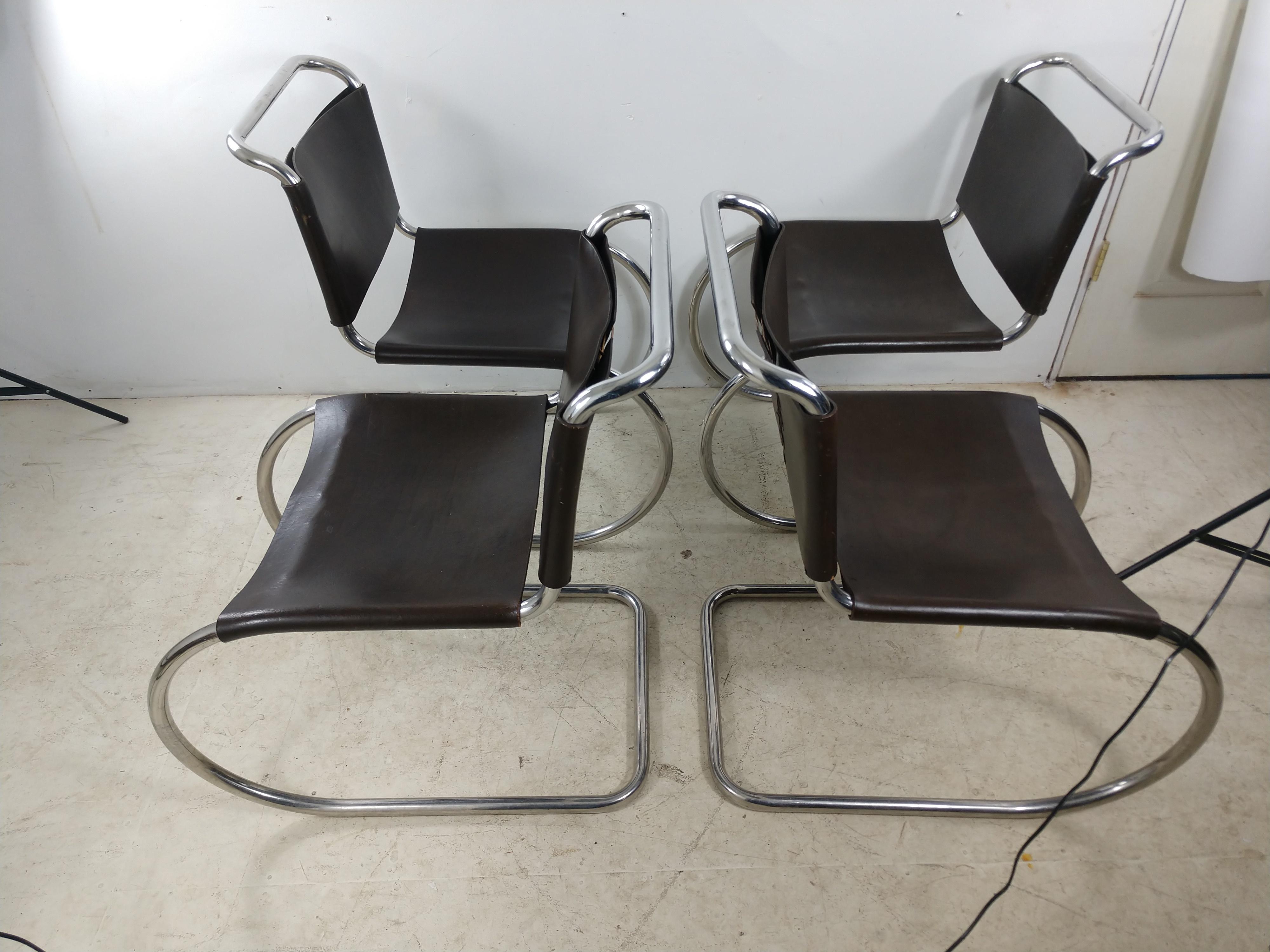 Fabulous set of 4 MR10 side chairs by Knoll in thick leather with chrome tubular frames that are cantilevered. Chrome and leather are in excellent vintage condition, with Knoll labels present on underside. Chairs are from 1974. Seat hgt. is 18. An