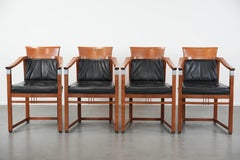 Set di 4 lussuose sedie da pranzo Art Déco in pelle nera con braccioli