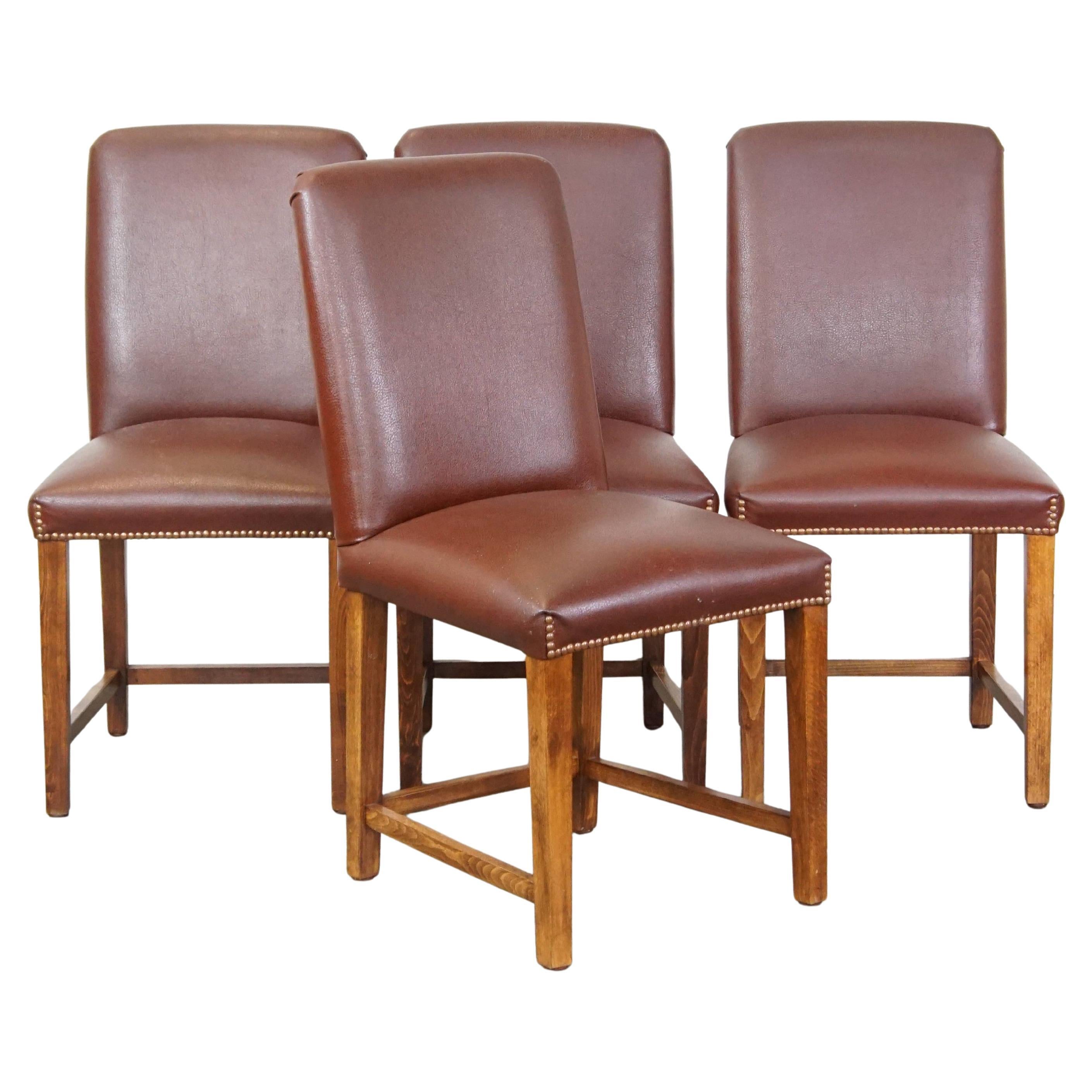 Set di 4 lussuose e comode sedie da pranzo in pelle color cognac in stile inglese