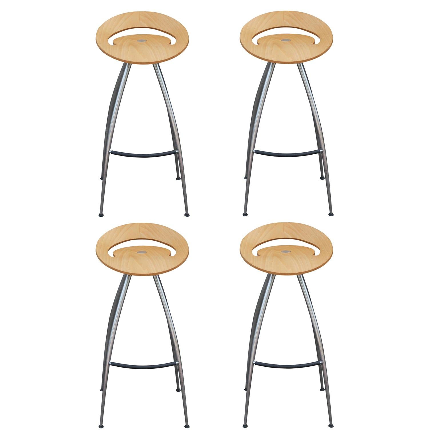 Set of 4 Lyra Stools Italia 90’s Wooden Bar Stools