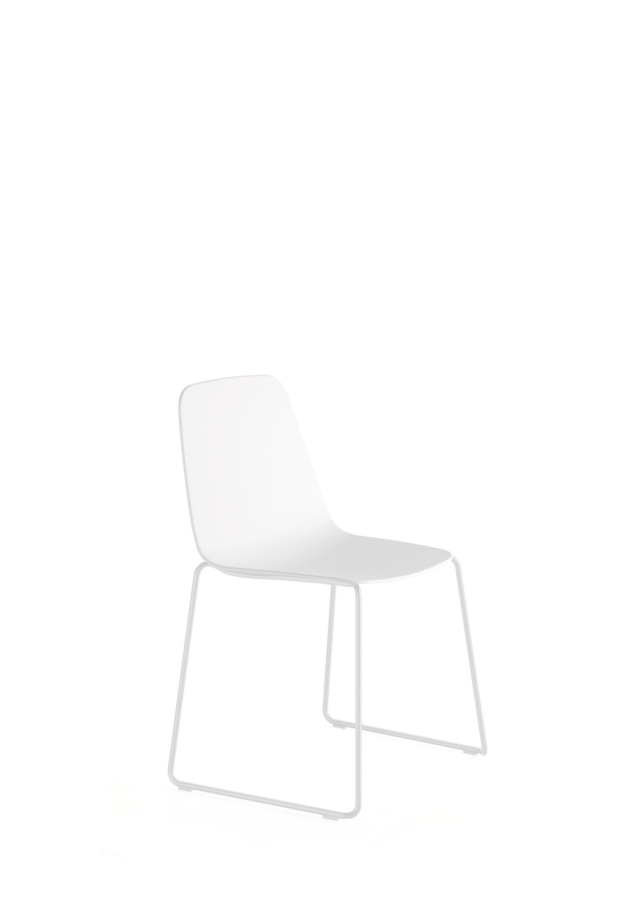 The powder coated steel tube structure and the carefully made, elegant seat of the Maarten chair recall the classics of the 1970s.

Injected polypropylene seat in white. 
Calibrated steel structure powder coated in thermoreinforced polyester in