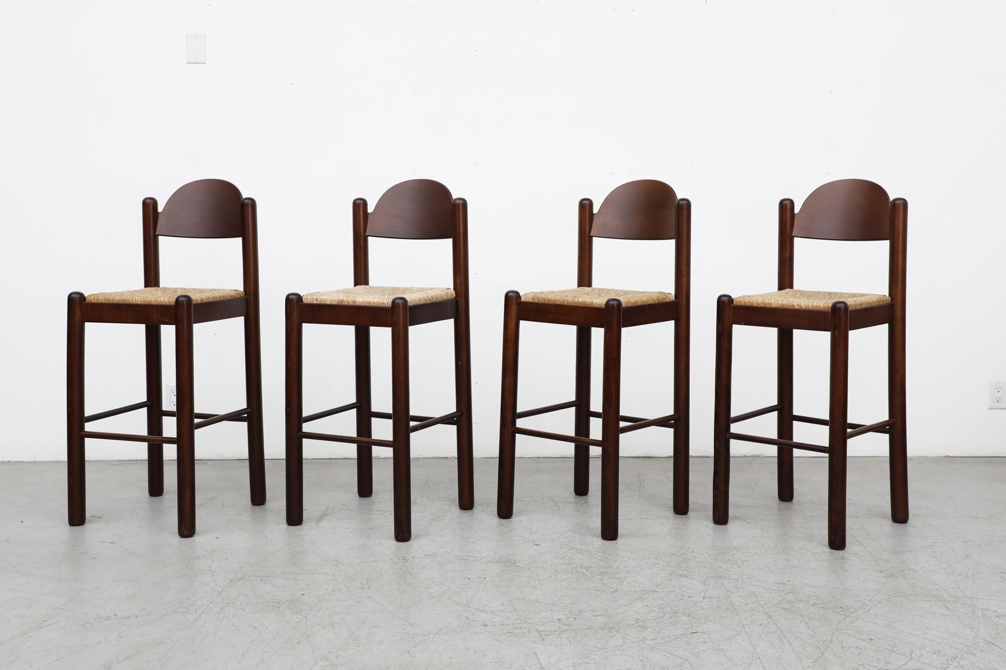 Mid-Century Modern Set of 4 Magistretti Style Oak and Rush 