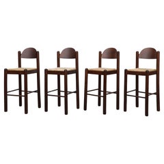 Set of 4 Magistretti Style Oak and Rush "Oggo" Bar Stools by Hank Lowenstein