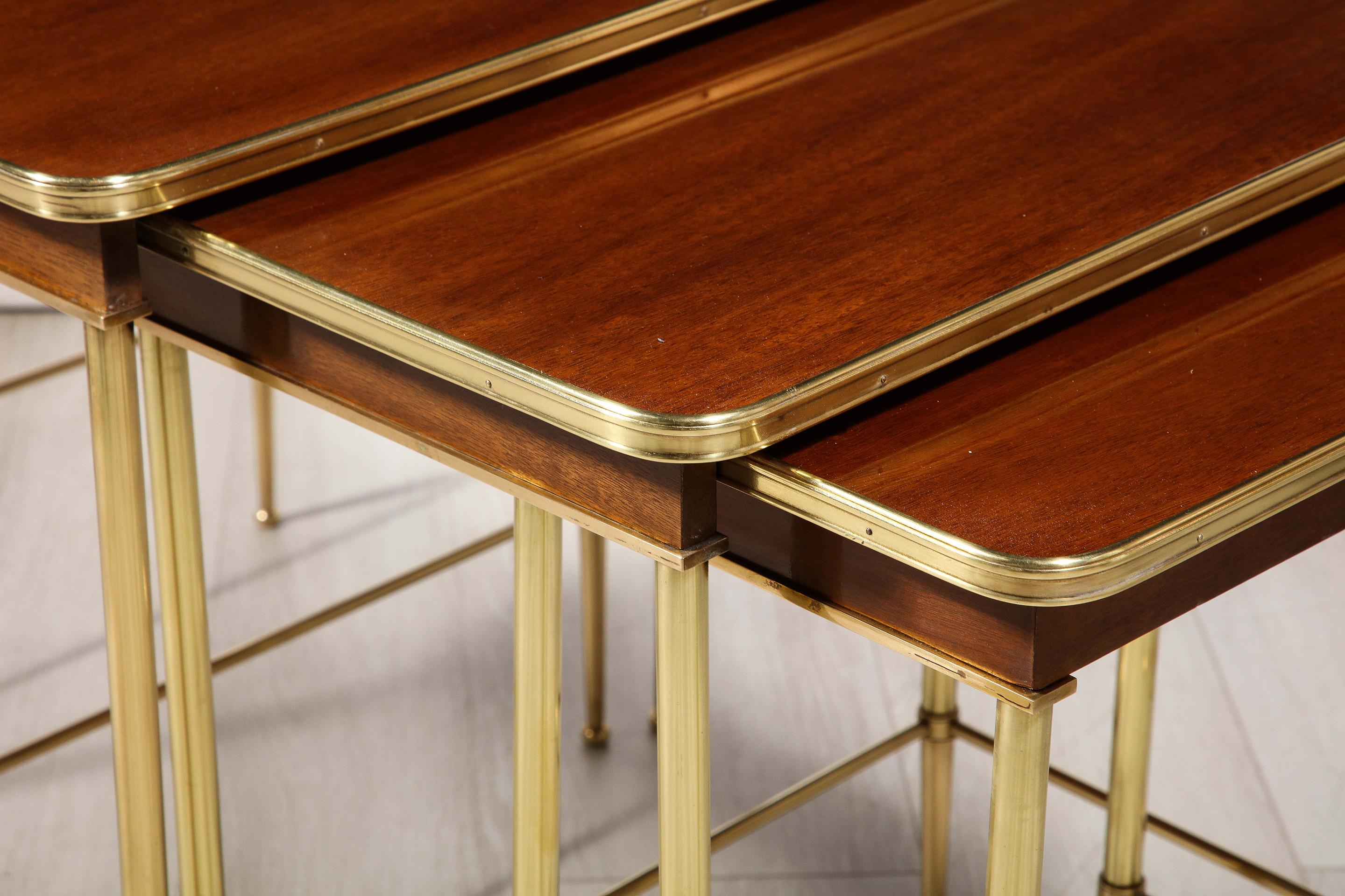 Set of 4 Mahogany and Brass Nesting Tables by Maison Jansen For Sale 7
