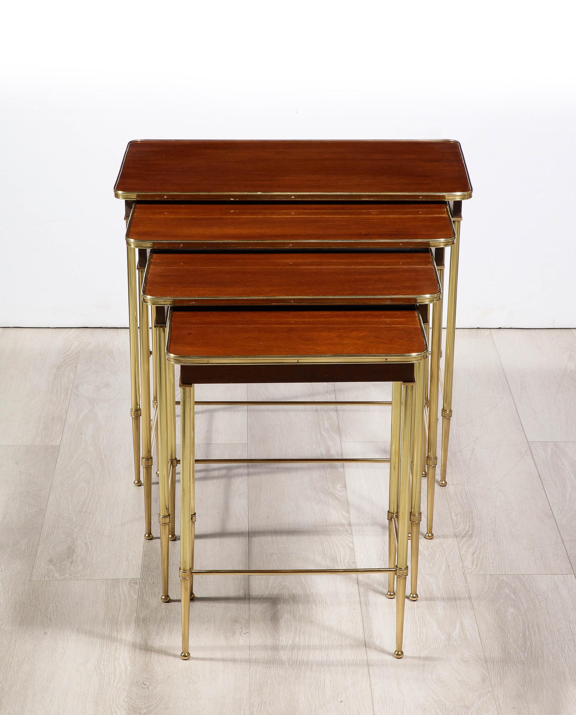 Set of 4 Mahogany and Brass Nesting Tables by Maison Jansen In Good Condition For Sale In New York, NY