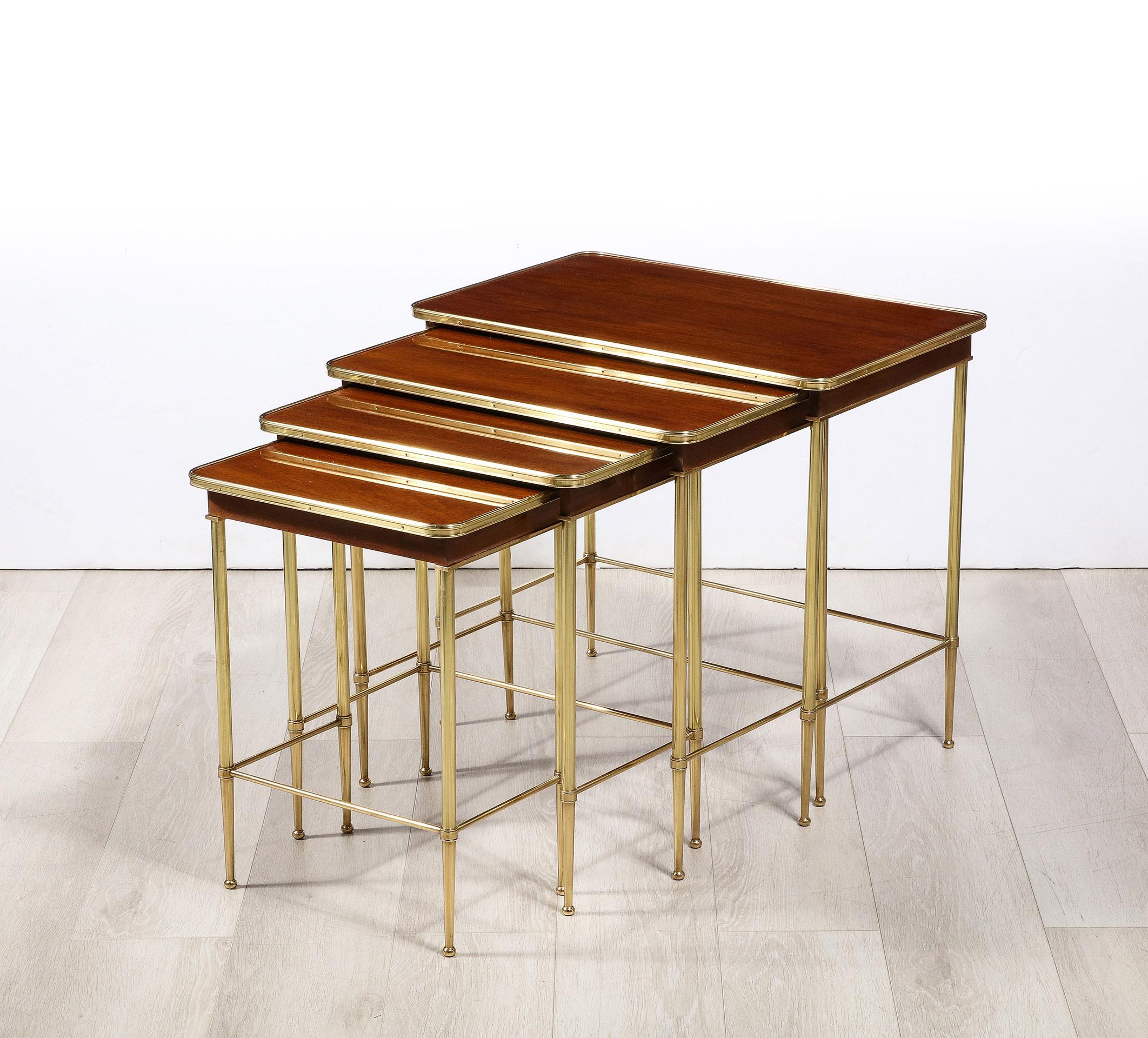 20th Century Set of 4 Mahogany and Brass Nesting Tables by Maison Jansen For Sale