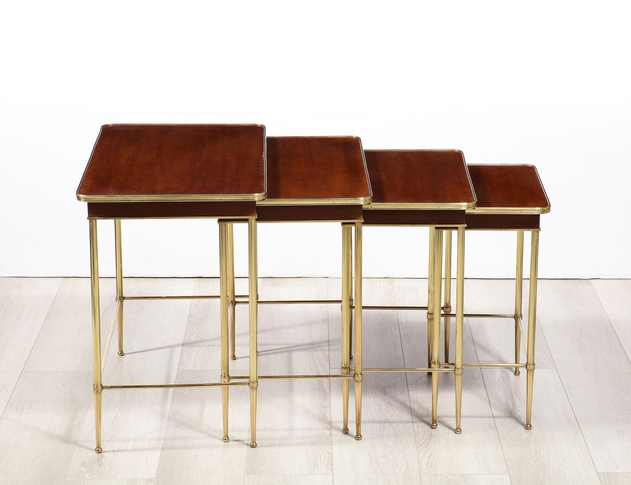 Set of 4 Mahogany and Brass Nesting Tables by Maison Jansen For Sale 1