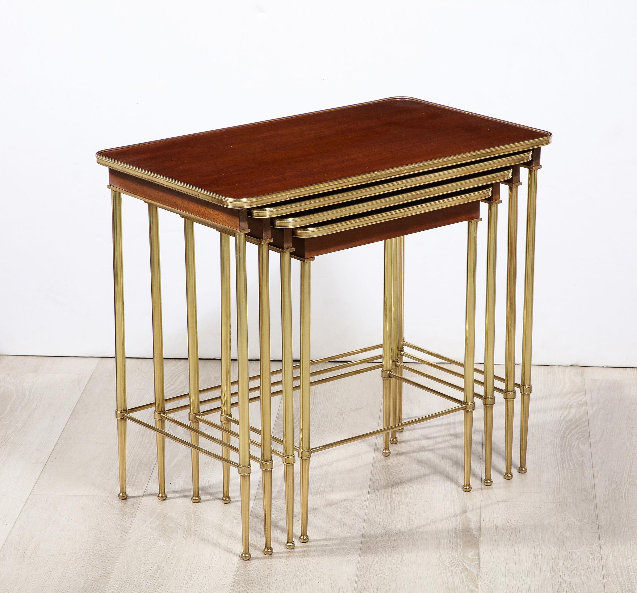 Set of 4 Mahogany and Brass Nesting Tables by Maison Jansen For Sale 3