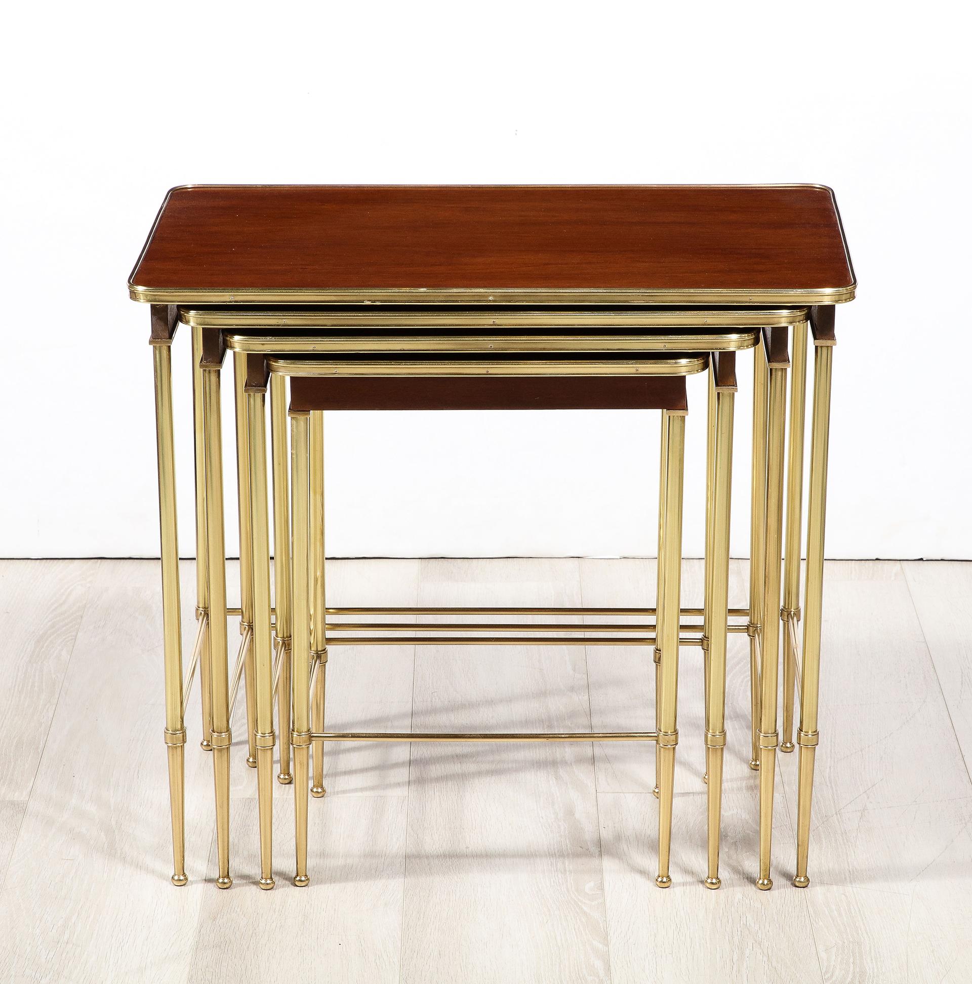 Set of 4 Mahogany and Brass Nesting Tables by Maison Jansen For Sale 4