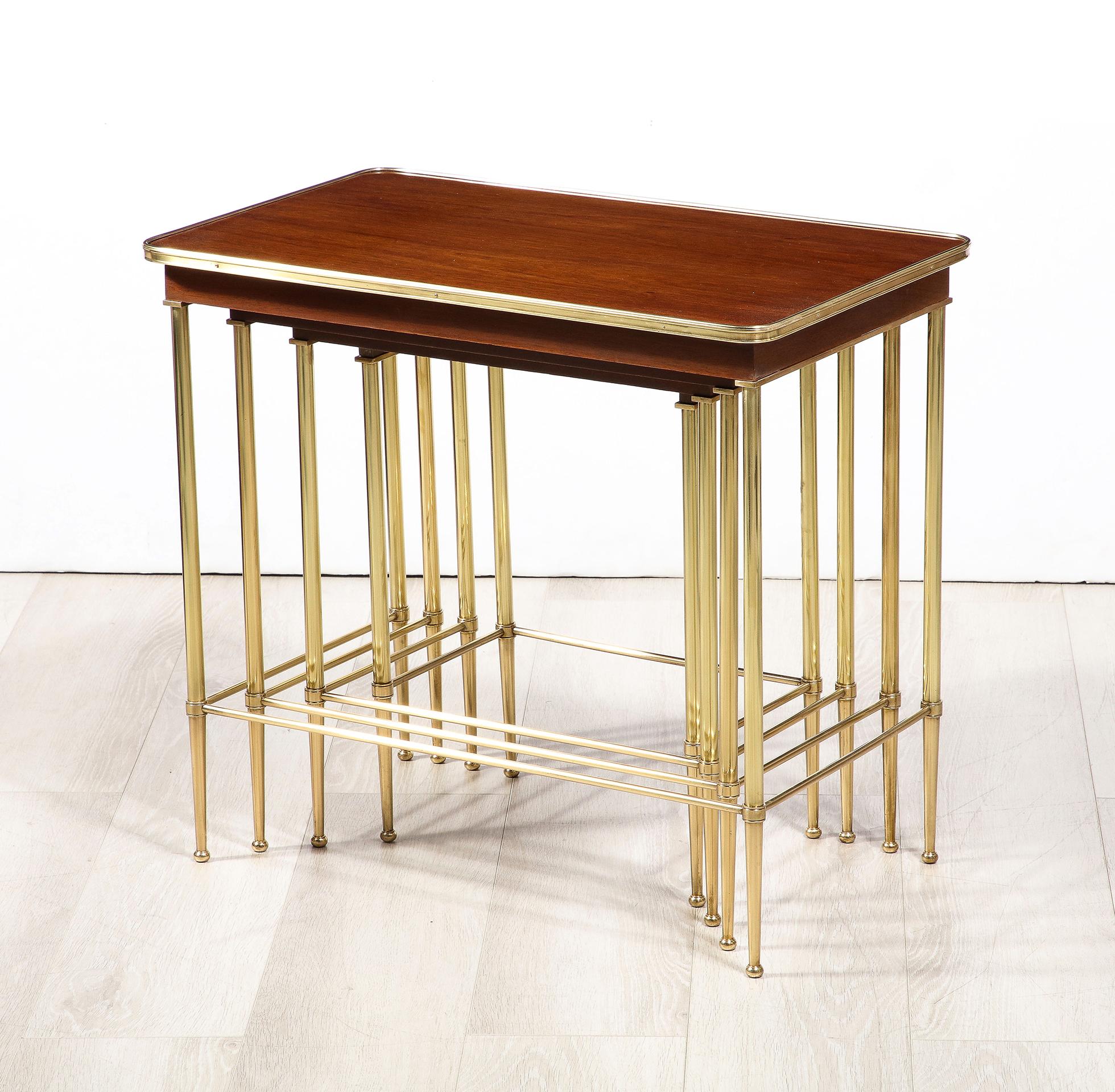 Set of 4 Mahogany and Brass Nesting Tables by Maison Jansen For Sale 5