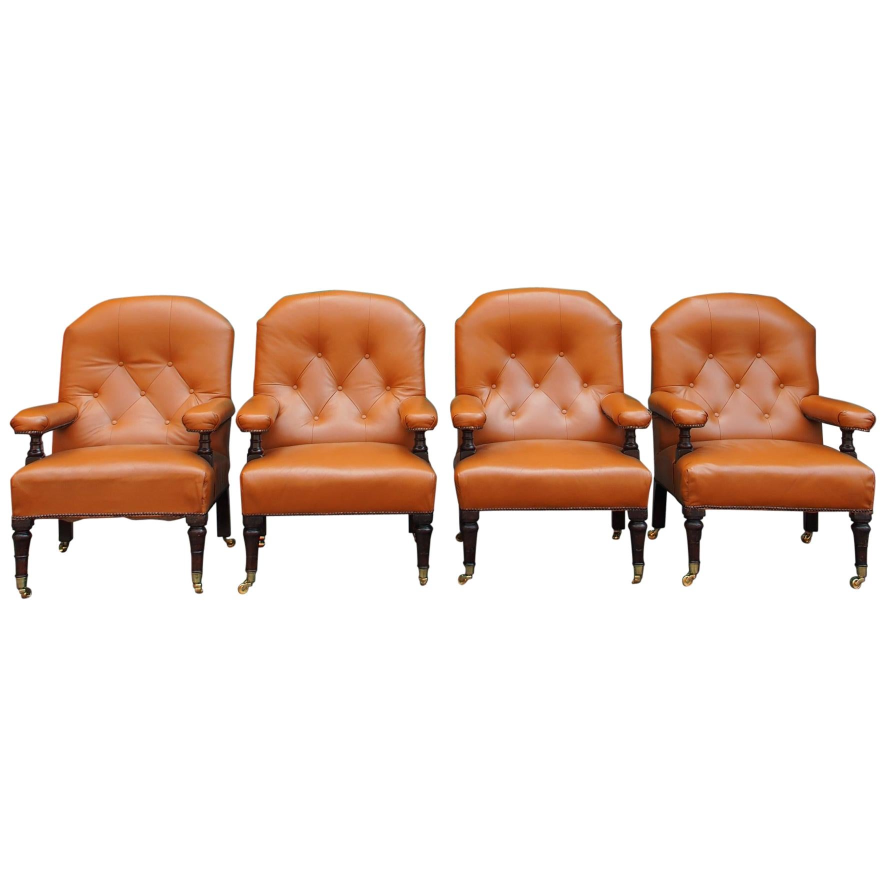 Set of 4 Mahogany and Tan Leather Library Chairs For Sale